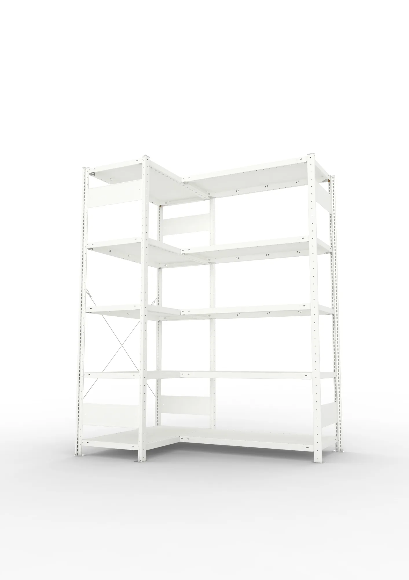 META CLIP, Eckregal, 2000 x 1000 x 500 mm, Fachlast 100 kg, 5 Ebenen, RAL 7035 – Seitenansicht
