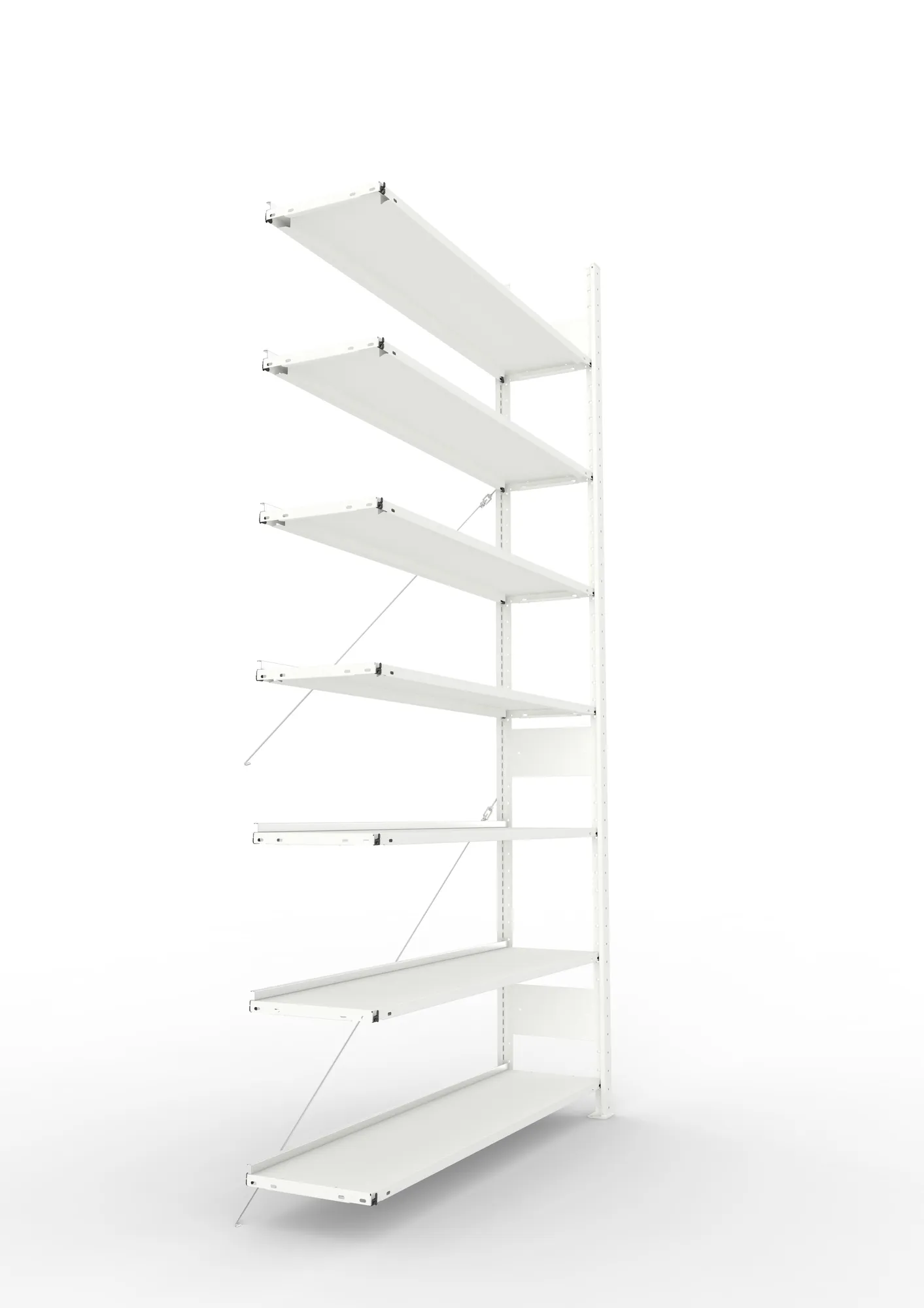 META CLIP COMPACT, Büro-Steckregal, Anbauregal, 2500 x 1250 x 300 mm, Fachlast 80 kg, 7+0 Ebenen, RAL 7035 – Seitenansicht