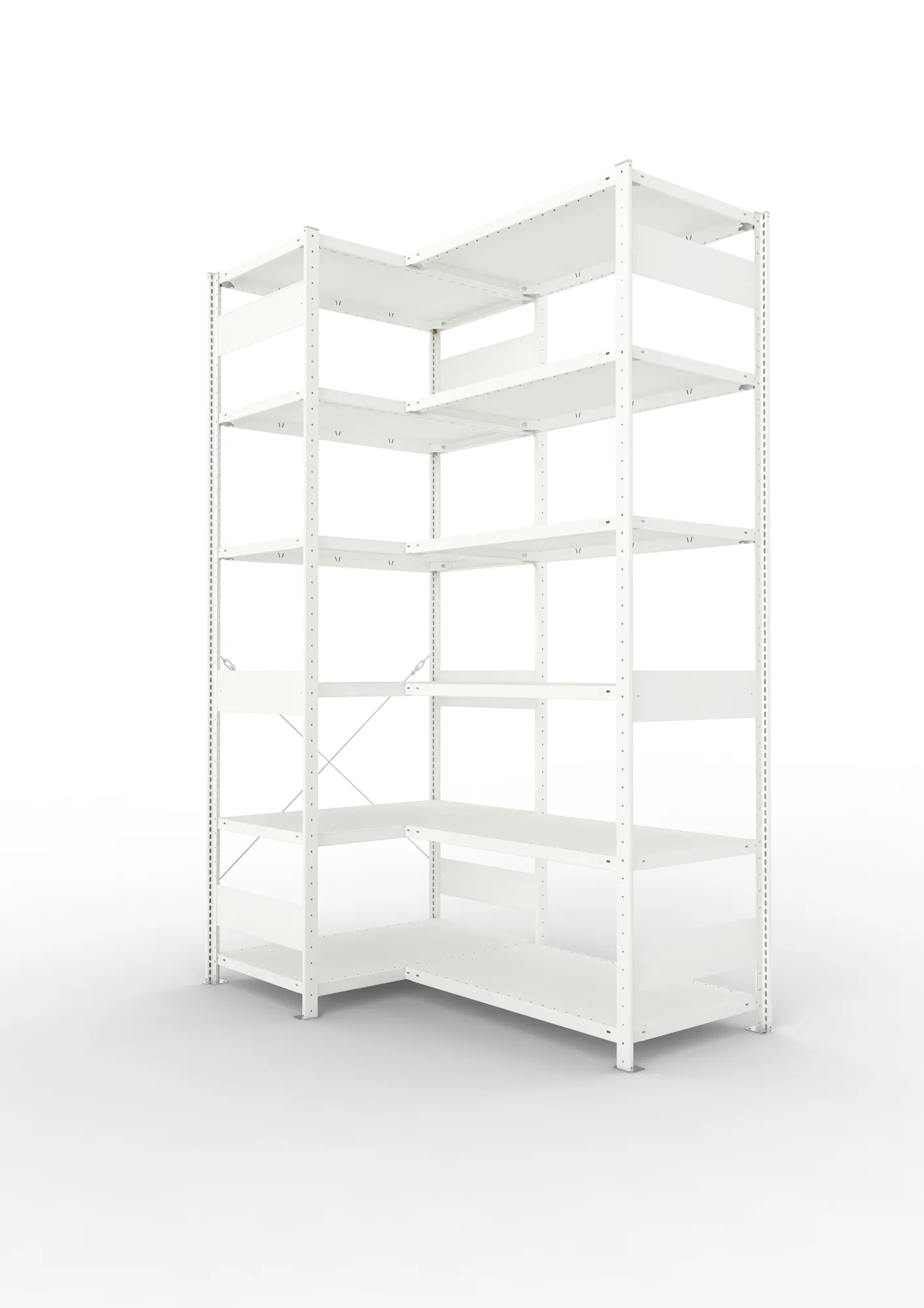 META CLIP, Eckregal, 2500 x 1000 x 600 mm, Fachlast 100 kg, 6 Ebenen, RAL 7035 – Ansicht in Blickhöhe