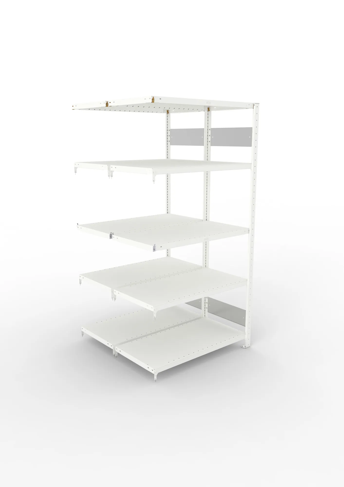 META CLIP S3, Fachbodenregal, Doppel-Anbauregal, 2000 x 1000 x 500 mm, Fachlast 230 kg, 5 Ebenen, Längsriegel, RAL 7035 – Ansicht von oben
