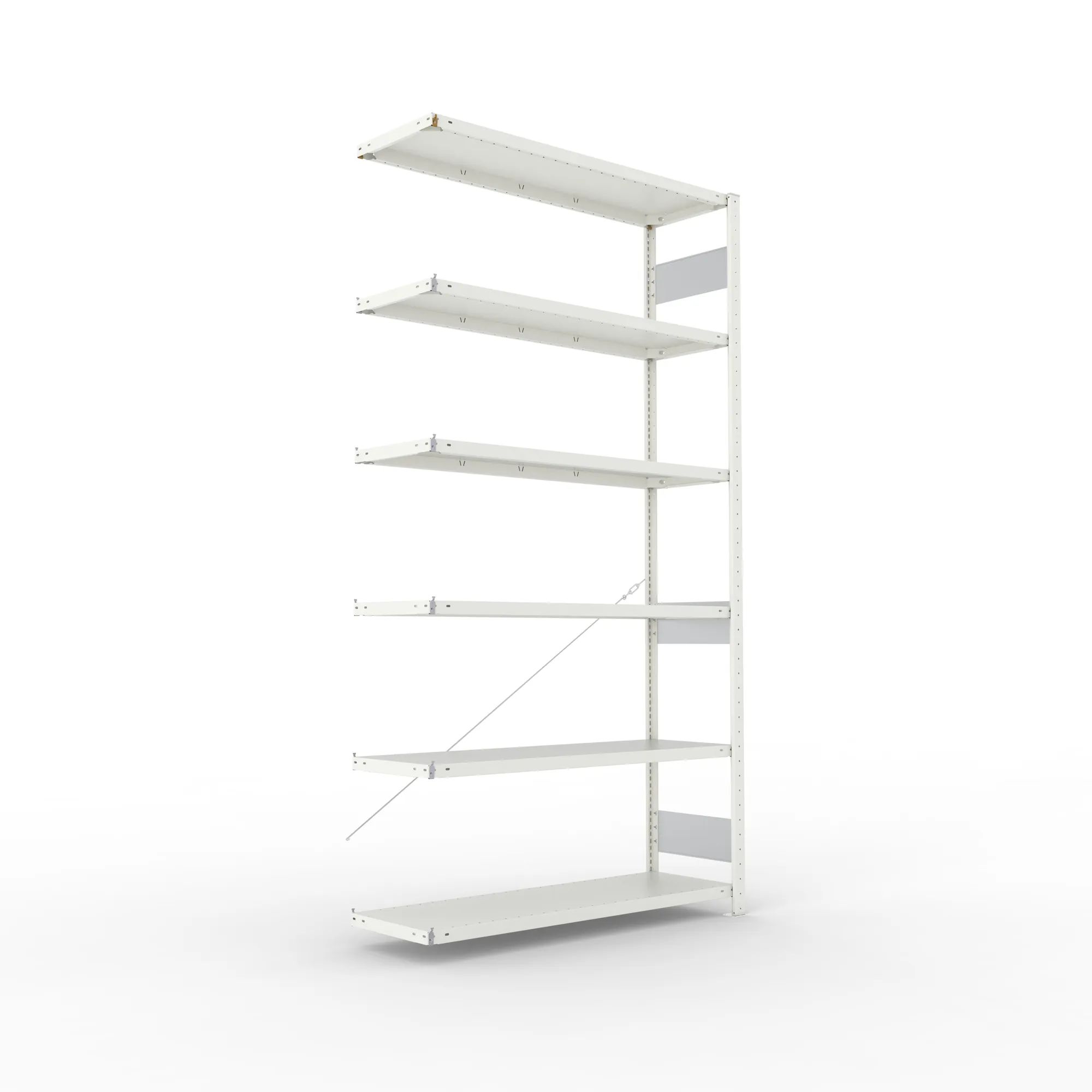 META CLIP S3, Fachbodenregal, Anbauregal, 2500 x 1300 x 400 mm, Fachlast 230 kg, 6 Ebenen, RAL 7035 – Ansicht in Blickhöhe