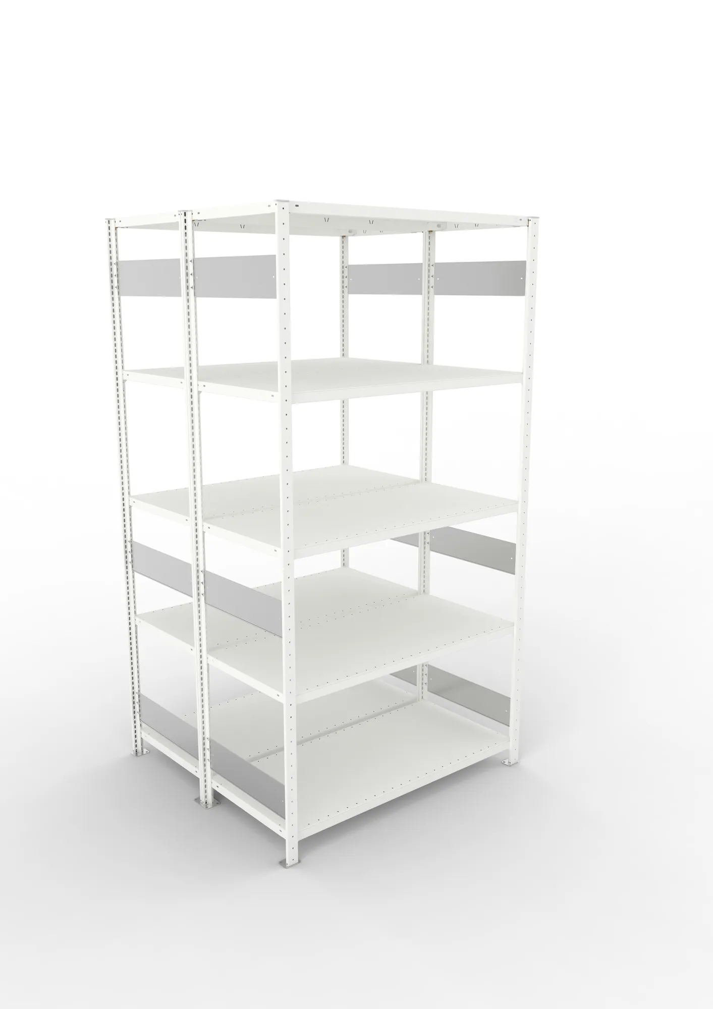 META CLIP S3, Fachbodenregal, Doppel-Grundregal, 2500 x 1300 x 600 mm, Fachlast 230 kg, 5 Ebenen, Längsriegel, RAL 7035 – Ansicht von oben