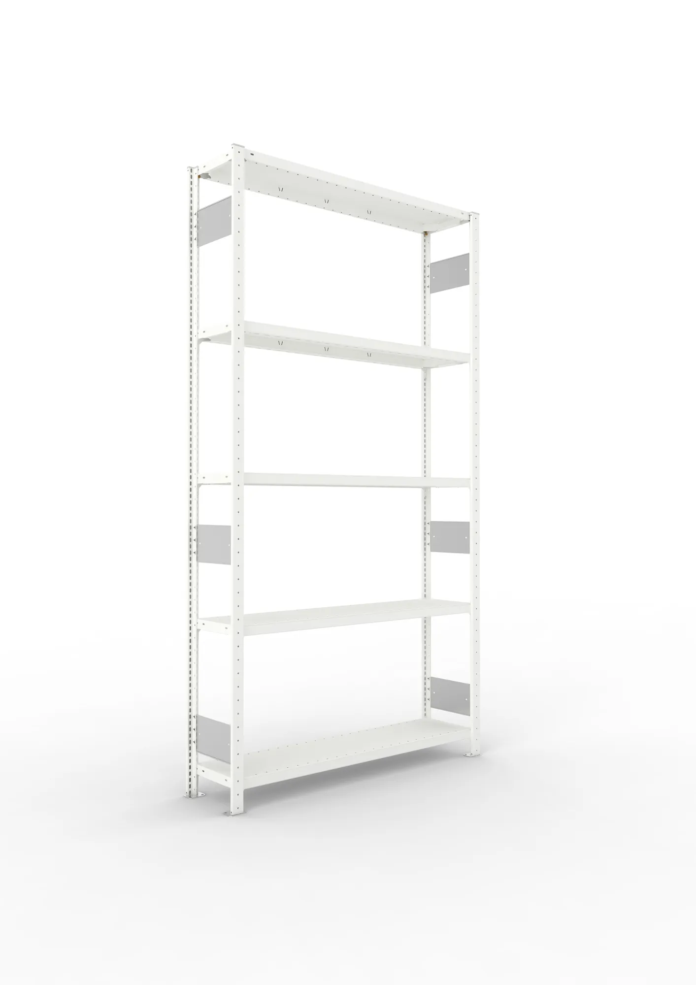 META CLIP S3, Fachbodenregal, Grundregal, 2500 x 1300 x 300 mm, Fachlast 230 kg, 5 Ebenen, Längsriegel, RAL 7035 – Ansicht in Blickhöhe