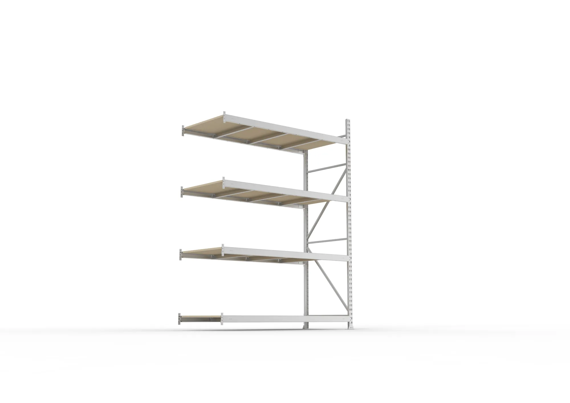 META MINI-RACK, Weitspannregal, Anbauregal, 2500 x 1800 x 800 mm, Fachlast 600 kg, Spanplattenböden, 4 Ebenen – Ansicht von unten