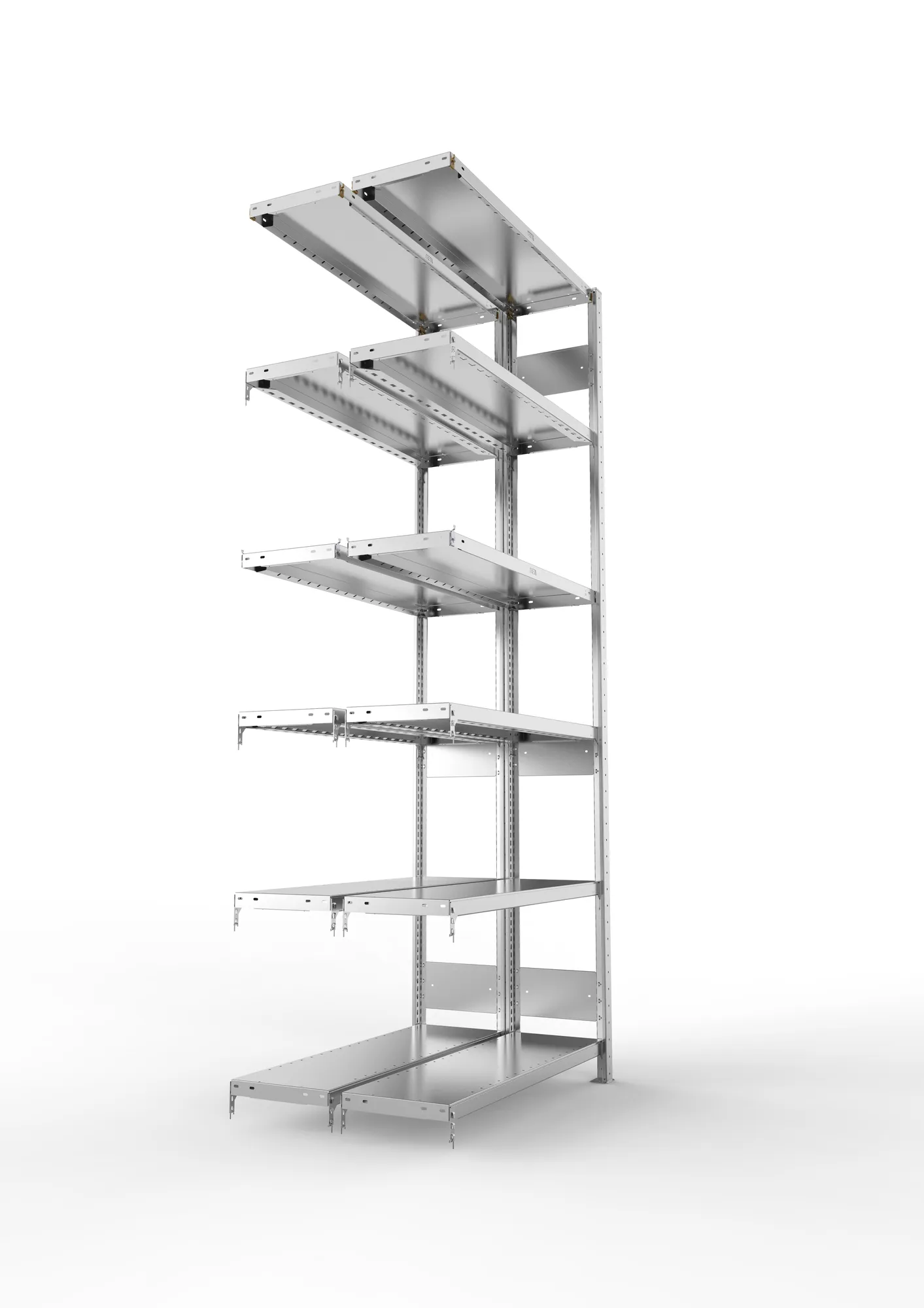META CLIP S3, Fachbodenregal, Doppel-Anbauregal, 2500 x 1000 x 300 mm, Fachlast 230 kg, 6 Ebenen, Längsriegel, verzinkt – Seitenansicht