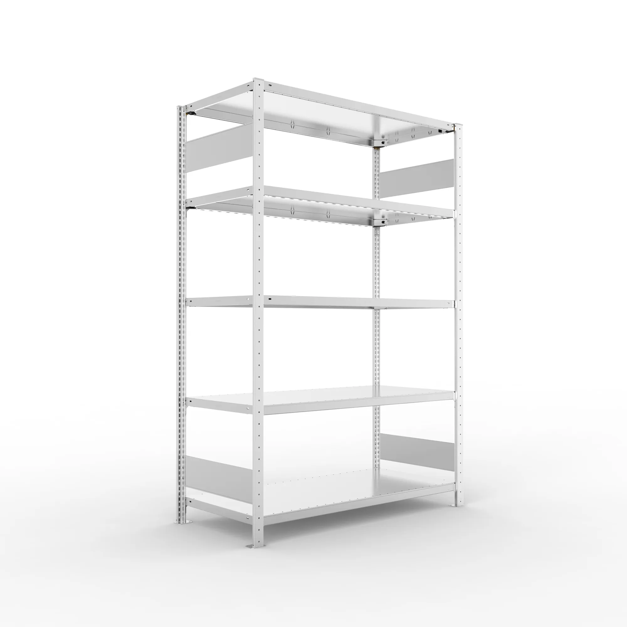 META CLIP S3, Fachbodenregal, Grundregal, 2000 x 1300 x 600 mm, Fachlast 230 kg, 4 Ebenen, Längsriegel, verzinkt – Ansicht in Blickhöhe