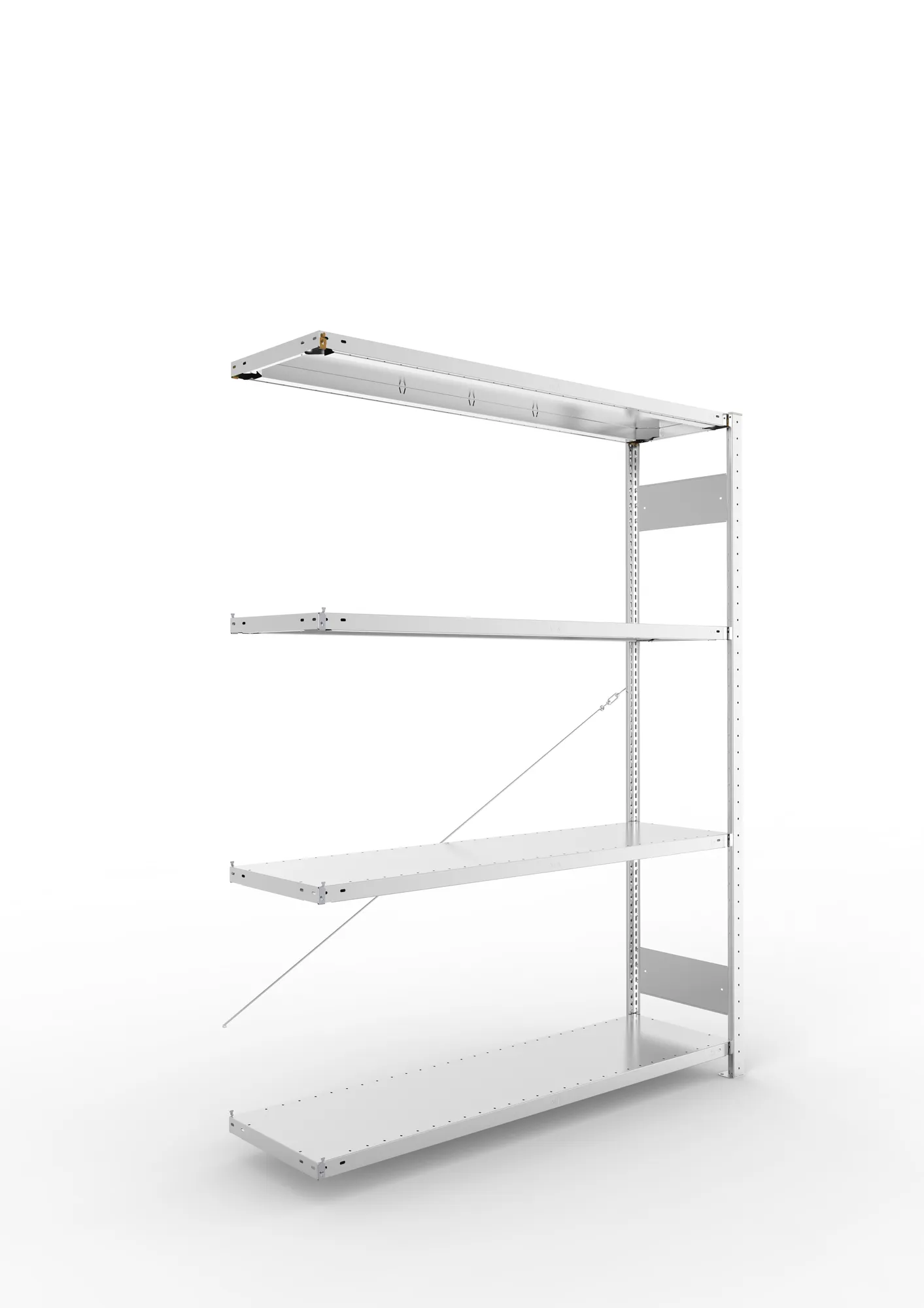 META CLIP S3, Fachbodenregal, Anbauregal, 2000 x 1500 x 400 mm, Fachlast 200 kg, 4 Ebenen, verzinkt – Ansicht in Blickhöhe