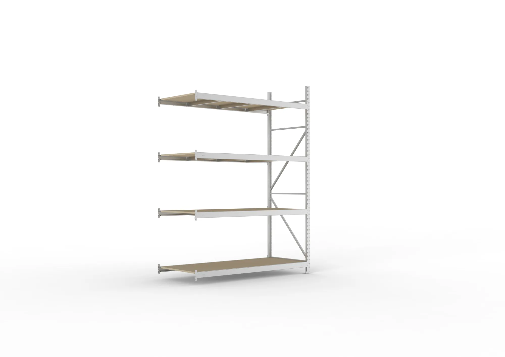 META MINI-RACK, Weitspannregal, Anbauregal, 2500 x 1800 x 800 mm, Fachlast 600 kg, Spanplattenböden, 4 Ebenen – Ansicht in Blickhöhe