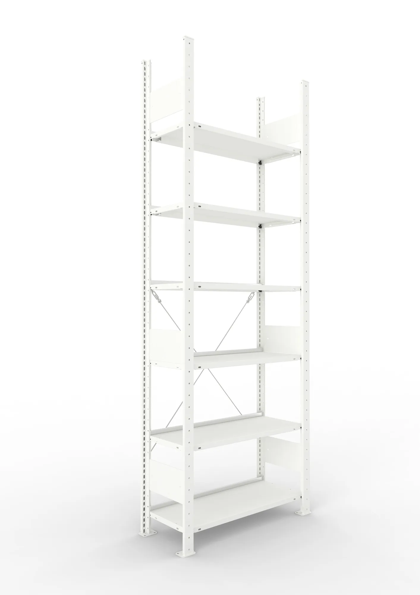 META CLIP COMPACT, Büro-Steckregal, Grundregal, 2200 x 750 x 300 mm, Fachlast 80 kg, 6+0 Ebenen, RAL 7035 – Ansicht in Blickhöhe