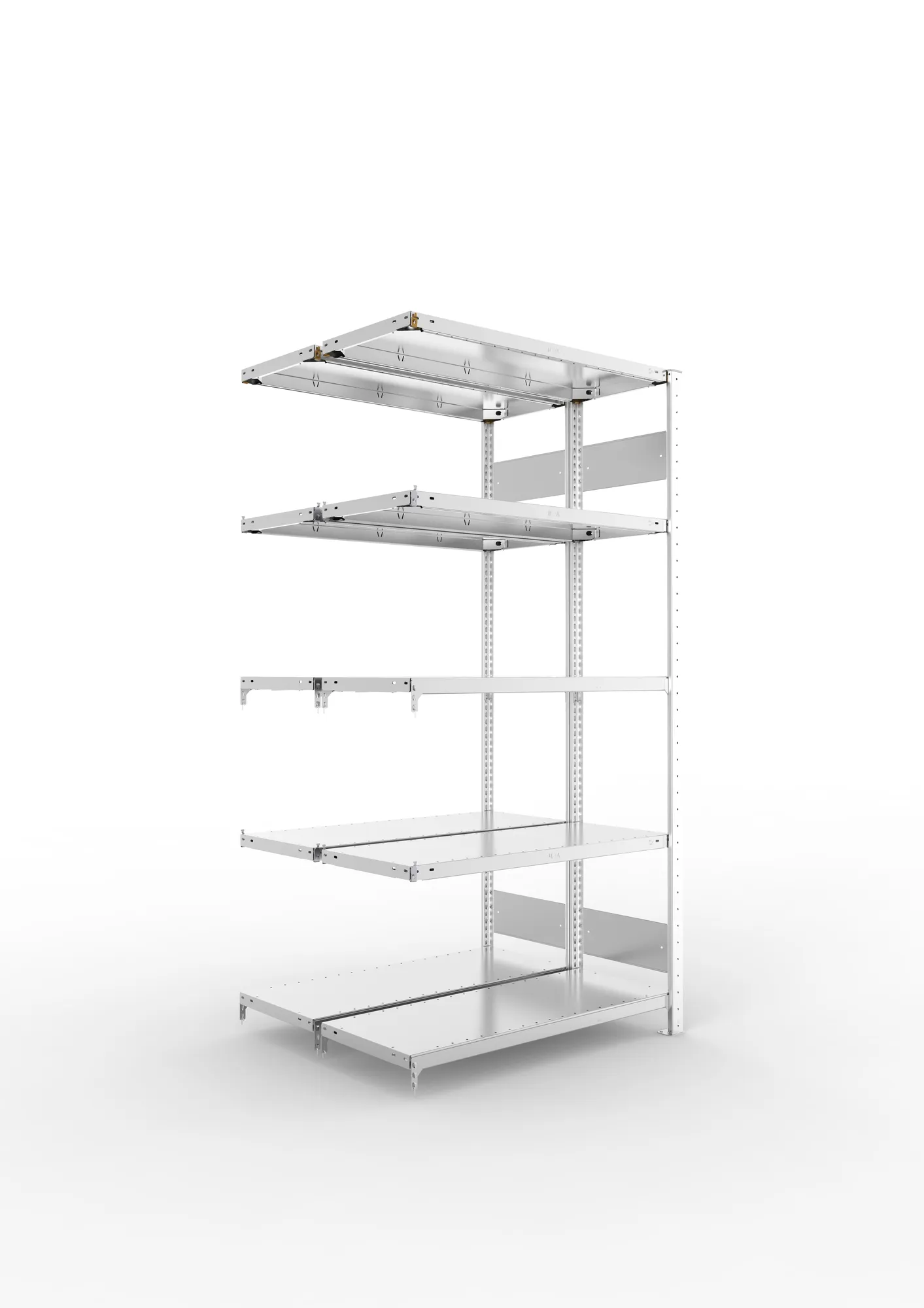 META CLIP S3, Fachbodenregal, Doppel-Anbauregal, 2000 x 1000 x 400 mm, Fachlast 150 kg, 5 Ebenen, Längsriegel, verzinkt – Ansicht in Blickhöhe