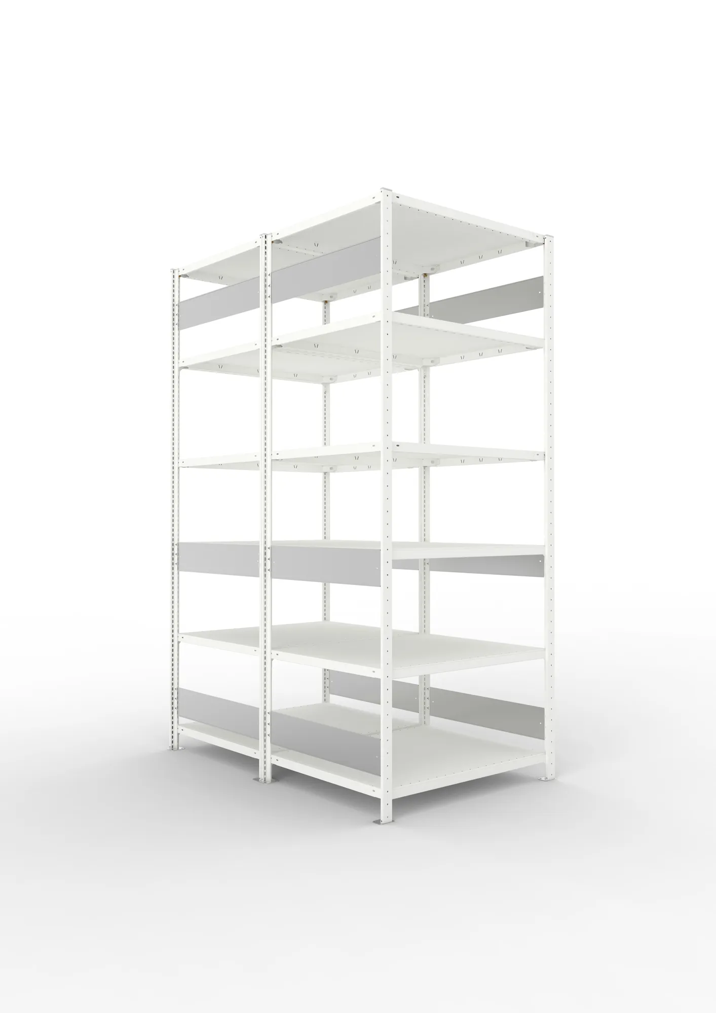 META CLIP S3, Fachbodenregal, Doppel-Grundregal, 2500 x 1000 x 800 mm, Fachlast 230 kg, 6 Ebenen, Längsriegel, RAL 7035 – Ansicht in Blickhöhe