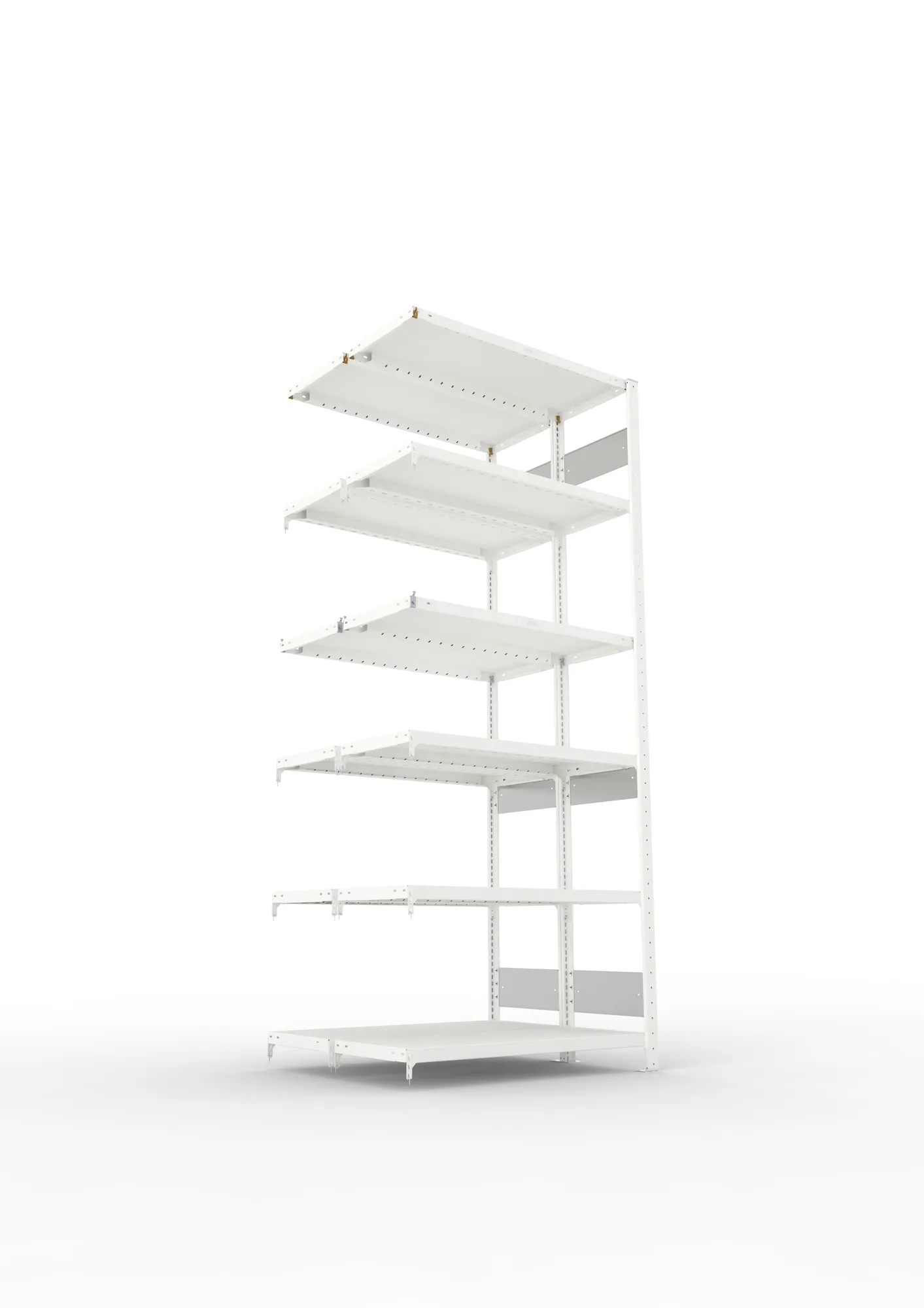 META CLIP S3, Fachbodenregal, Doppel-Anbauregal, 2500 x 1000 x 400 mm, Fachlast 230 kg, 6 Ebenen, Längsriegel, RAL 7035 – Ansicht von unten