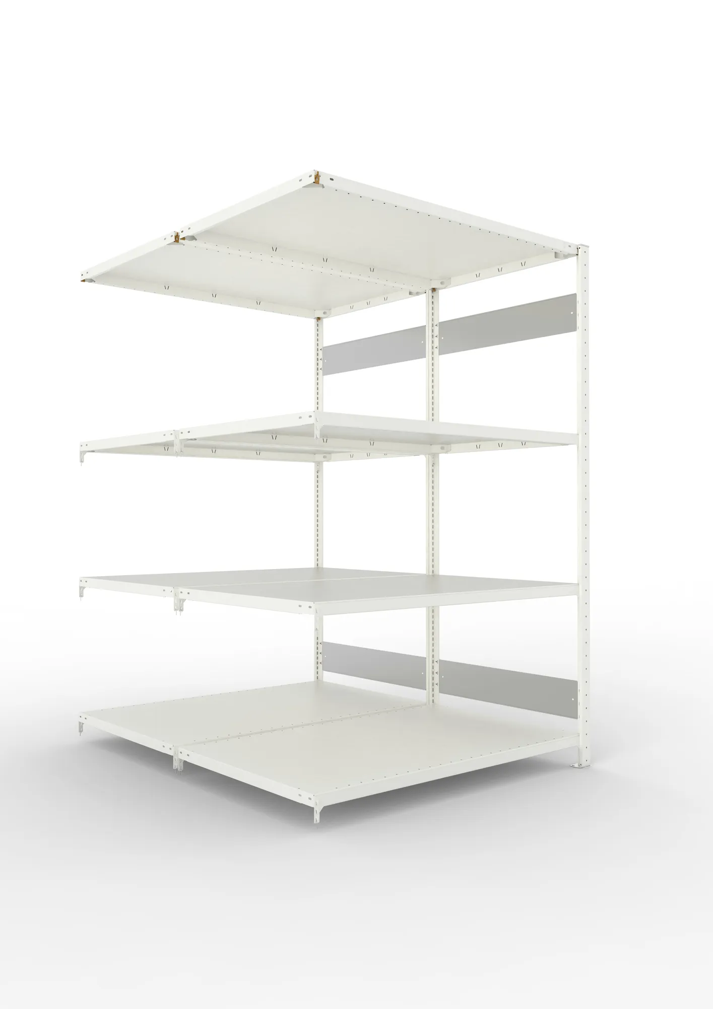 META CLIP S3, Fachbodenregal, Doppel-Anbauregal, 2000 x 1300 x 800 mm, Fachlast 230 kg, 4 Ebenen, Längsriegel, RAL 7035 – Ansicht in Blickhöhe
