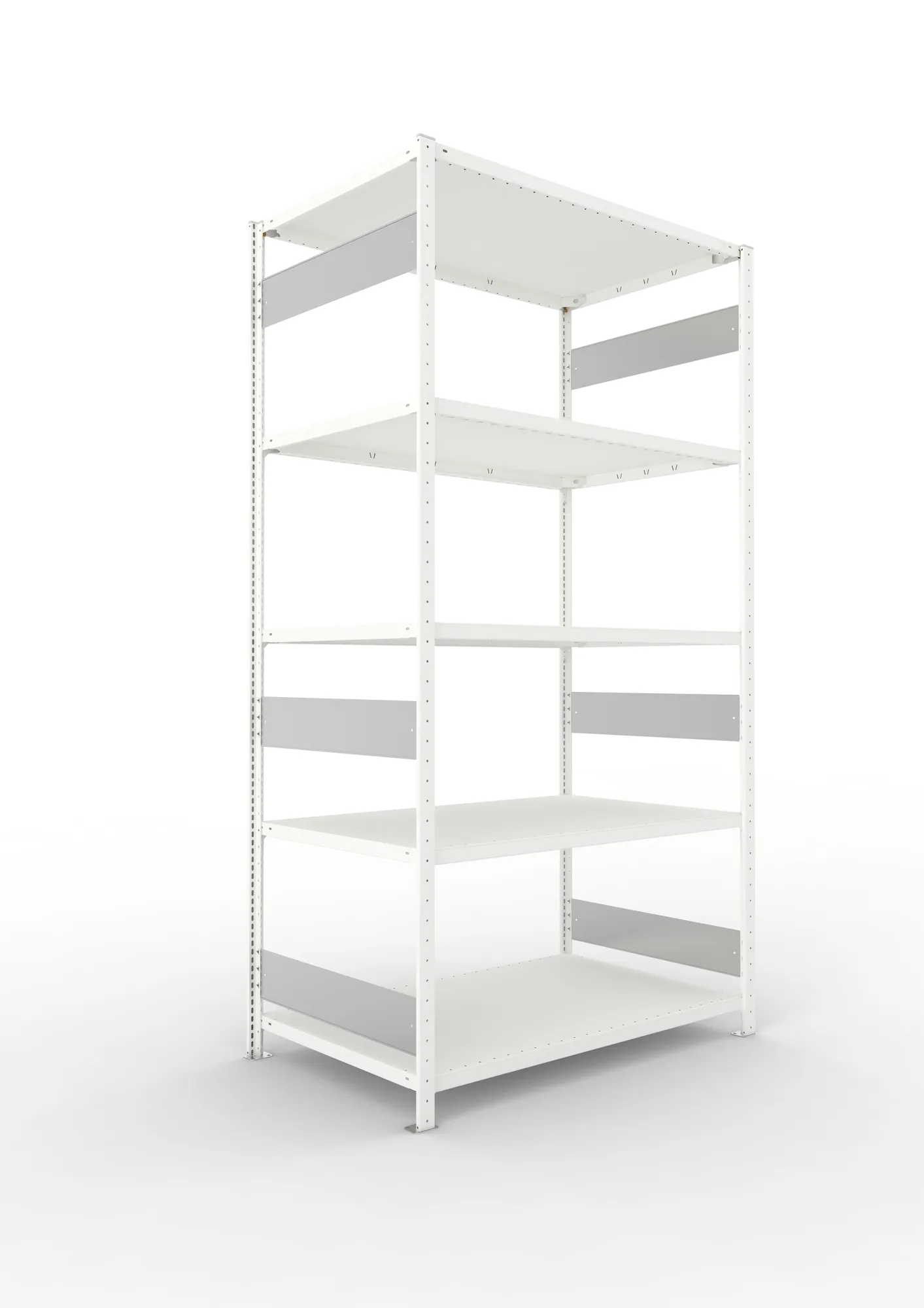 META CLIP S3, Fachbodenregal, Grundregal, 2500 x 1300 x 800 mm, Fachlast 230 kg, 5 Ebenen, Längsriegel, RAL 7035 – Ansicht in Blickhöhe