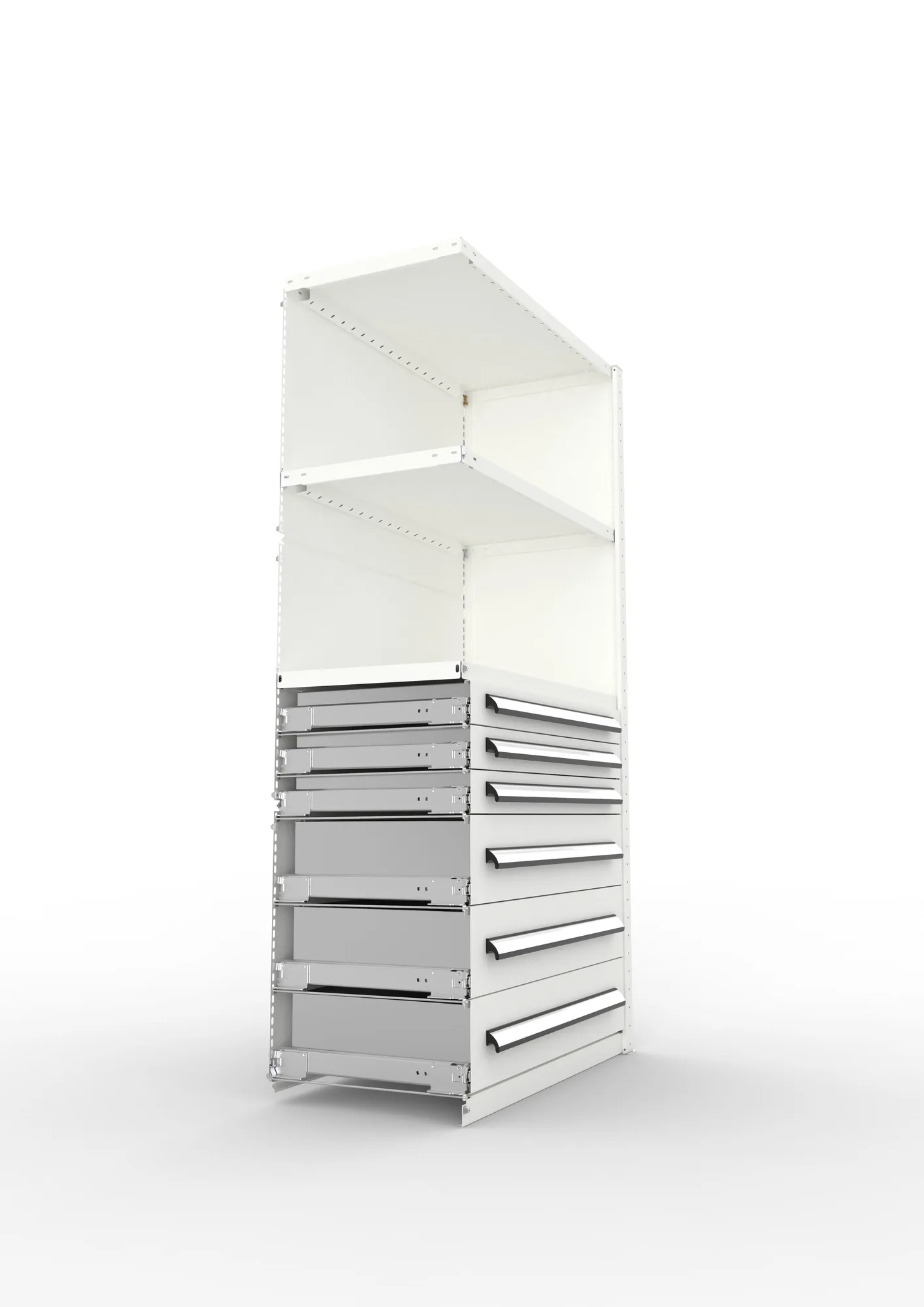 META CLIP, Schrankmodul, Anbauregal, Variante 4, 2000 x 1000 x 500 mm, Schubladen untere Hälfte, RAL 7035 – Seitenansicht