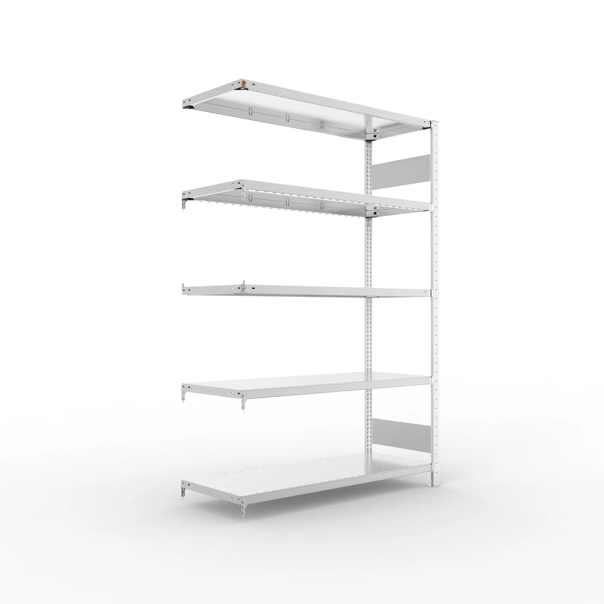 META CLIP S3, Fachbodenregal, Anbauregal, 2000 x 1300 x 500 mm, Fachlast 230 kg, 4 Ebenen, Längsriegel, verzinkt – Ansicht in Blickhöhe