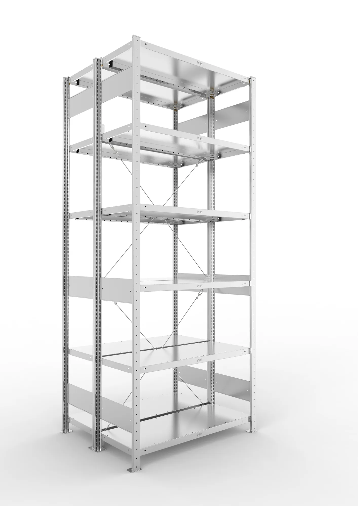 META CLIP, Fachbodenregal, Doppel-Grundregal, 2500 x 1000 x 400 mm, Fachlast 230 kg, 6 Ebenen, verzinkt – Ansicht in Blickhöhe