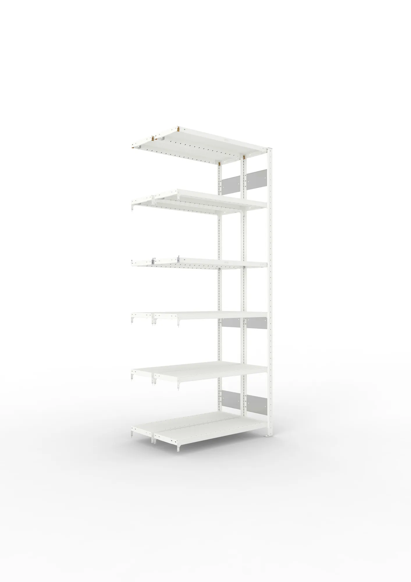 META CLIP S3, Fachbodenregal, Doppel-Anbauregal, 2500 x 1000 x 300 mm, Fachlast 230 kg, 6 Ebenen, Längsriegel, RAL 7035 – Ansicht in Blickhöhe