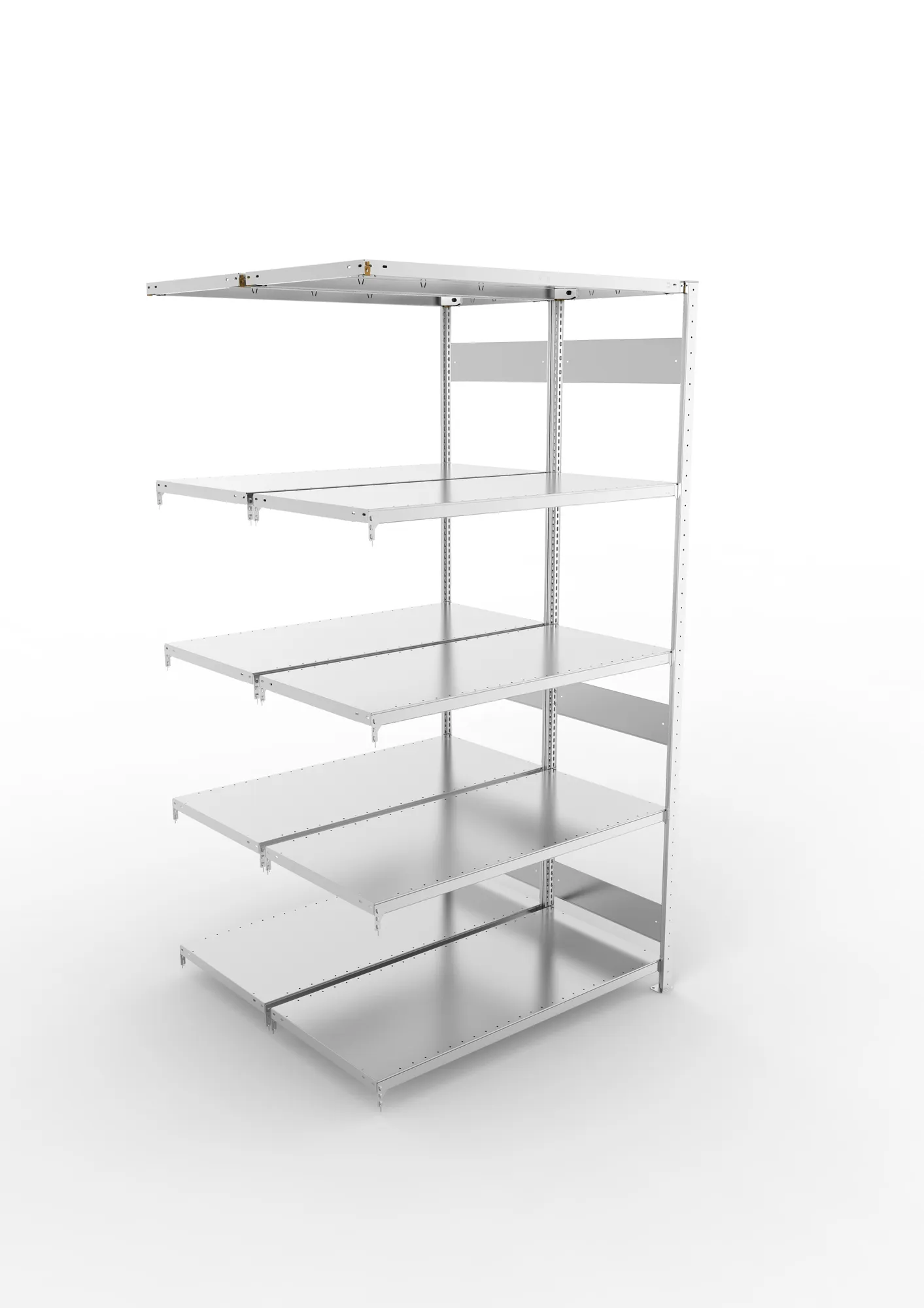 META CLIP S3, Fachbodenregal, Doppel-Anbauregal, 2500 x 1300 x 600 mm, Fachlast 230 kg, 5 Ebenen, Längsriegel, verzinkt – Ansicht von oben