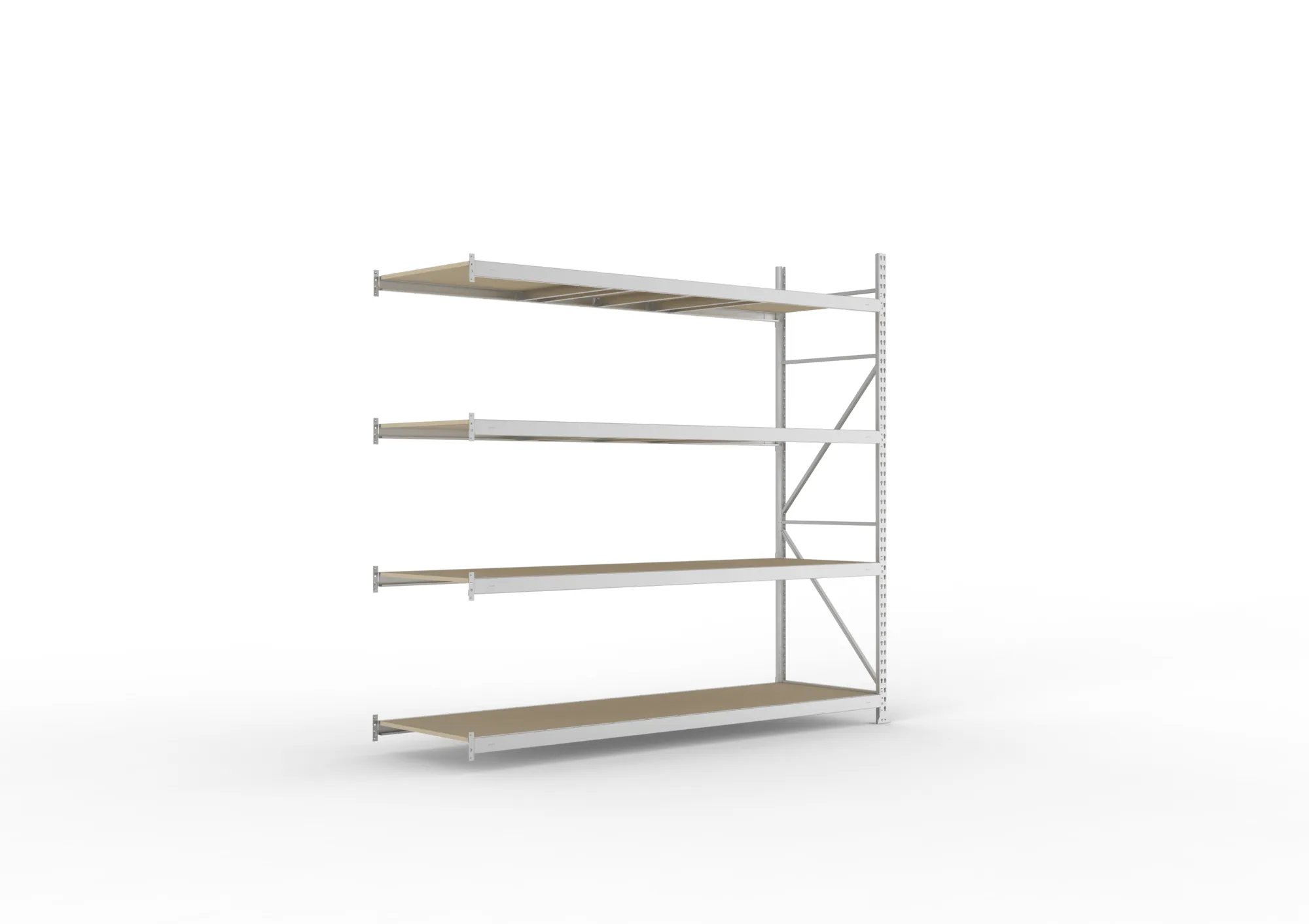META MINI-RACK, Weitspannregal, Anbauregal, 2500 x 2600 x 800 mm, Fachlast 490 kg, Spanplattenböden, 4 Ebenen – Ansicht in Blickhöhe