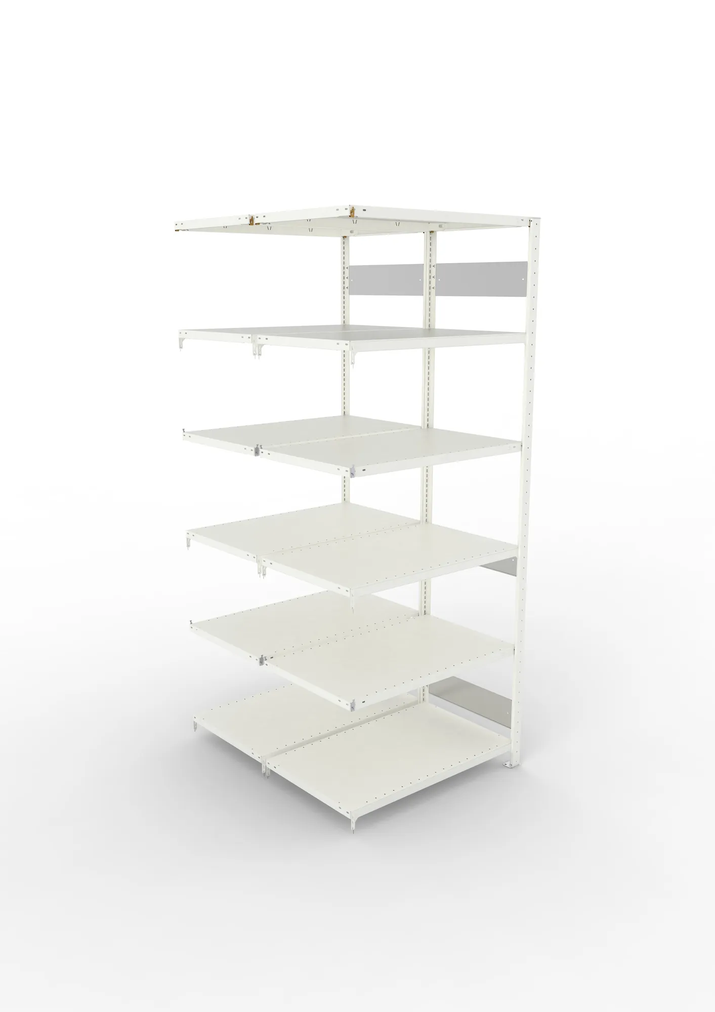 META CLIP S3, Fachbodenregal, Doppel-Anbauregal, 2500 x 1000 x 600 mm, Fachlast 150 kg, 6 Ebenen, Längsriegel, RAL 7035 – Ansicht von oben