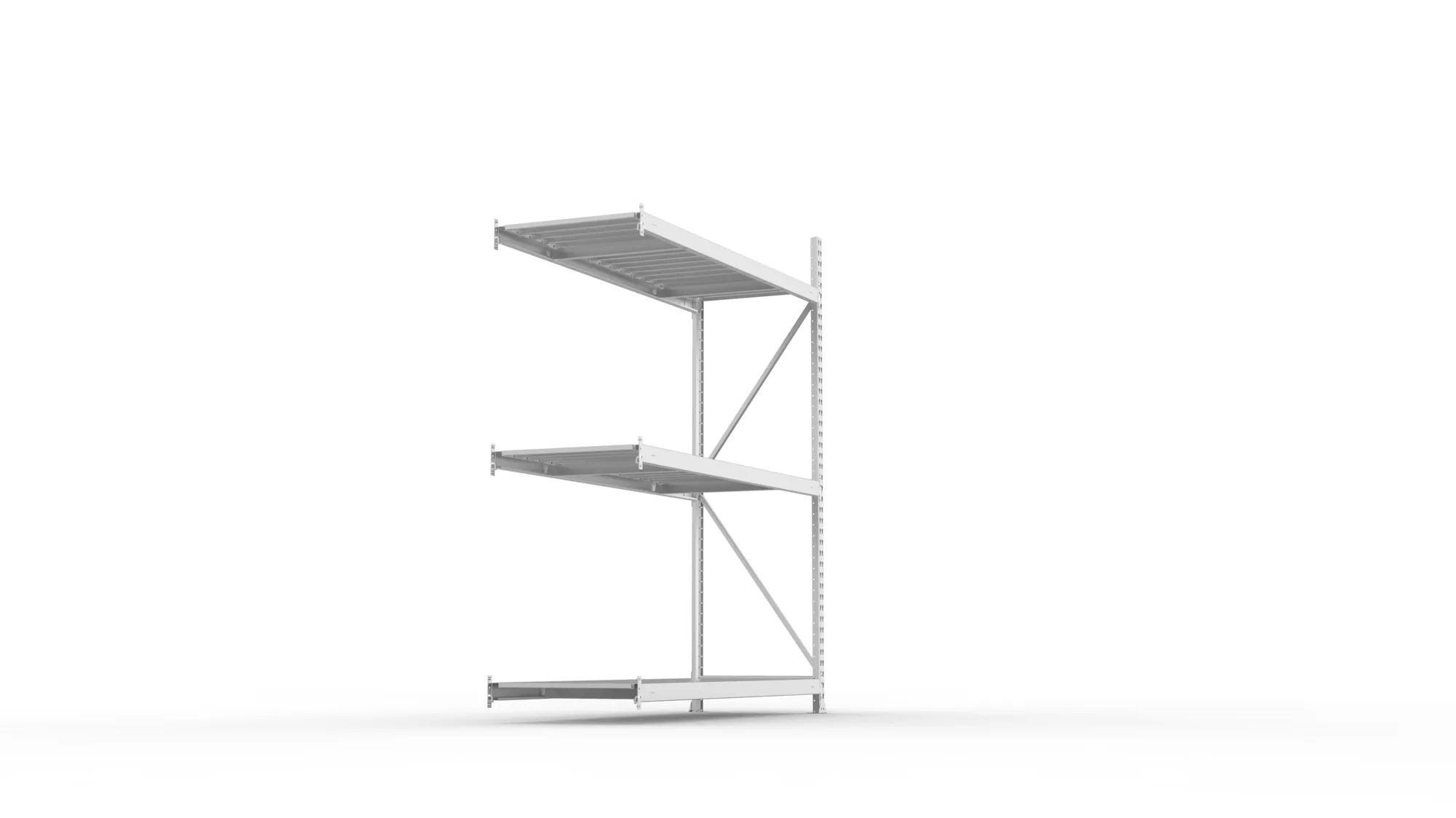 META MINI-RACK, Weitspannregal, Anbauregal, 2200 x 1800 x 650 mm, Fachlast 600 kg, Stahlpaneelböden, 3 Ebenen – Seitenansicht