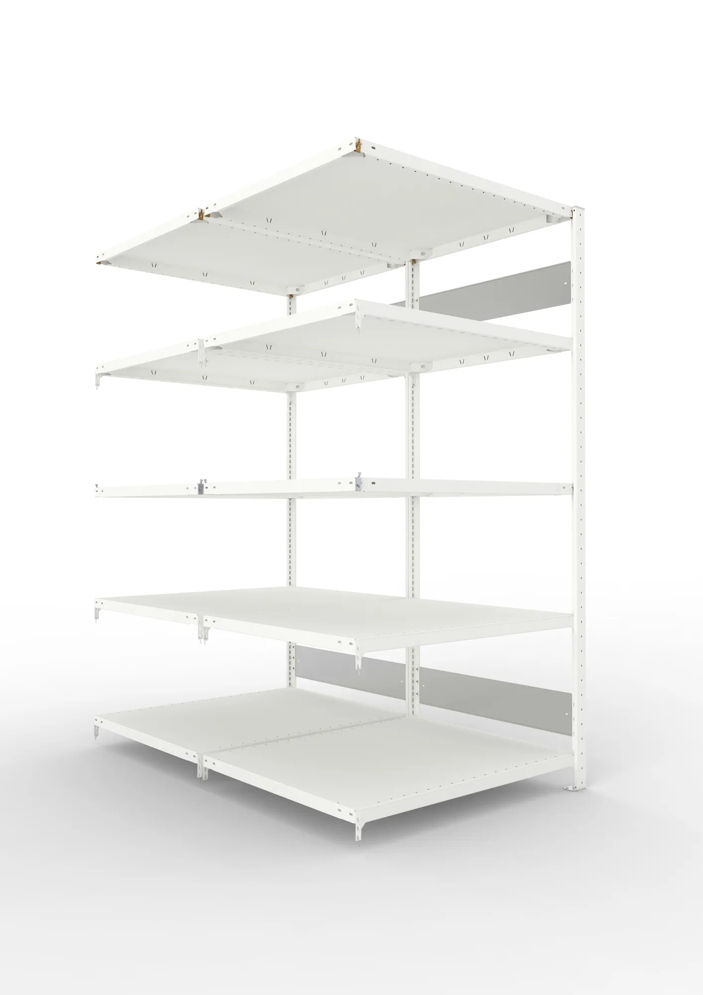 META CLIP S3, Fachbodenregal, Doppel-Anbauregal, 2000 x 1000 x 800 mm, Fachlast 230 kg, 5 Ebenen, Längsriegel, RAL 7035 – Ansicht in Blickhöhe