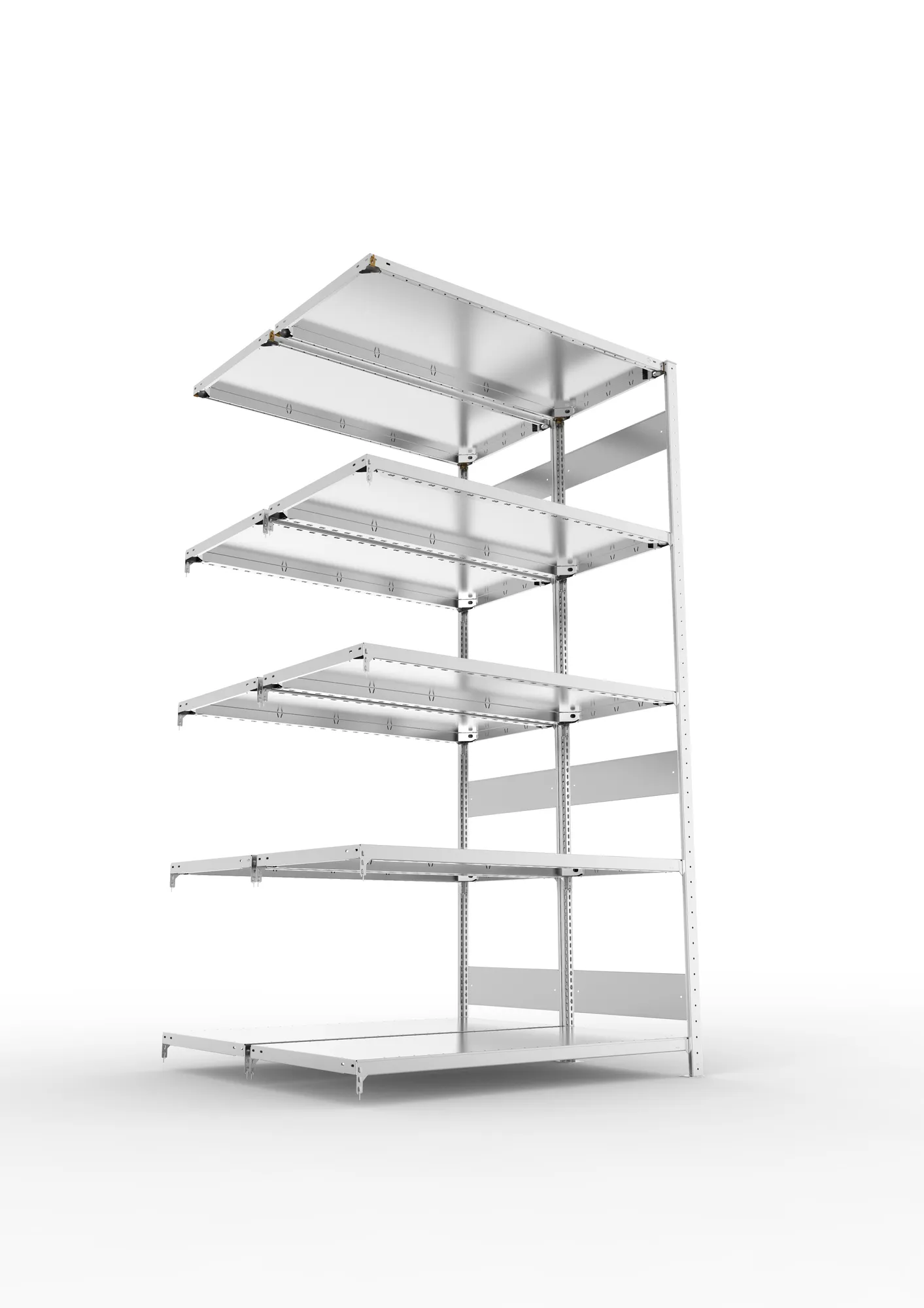 META CLIP S3, Fachbodenregal, Doppel-Anbauregal, 2500 x 1300 x 600 mm, Fachlast 230 kg, 5 Ebenen, Längsriegel, verzinkt – Ansicht von unten