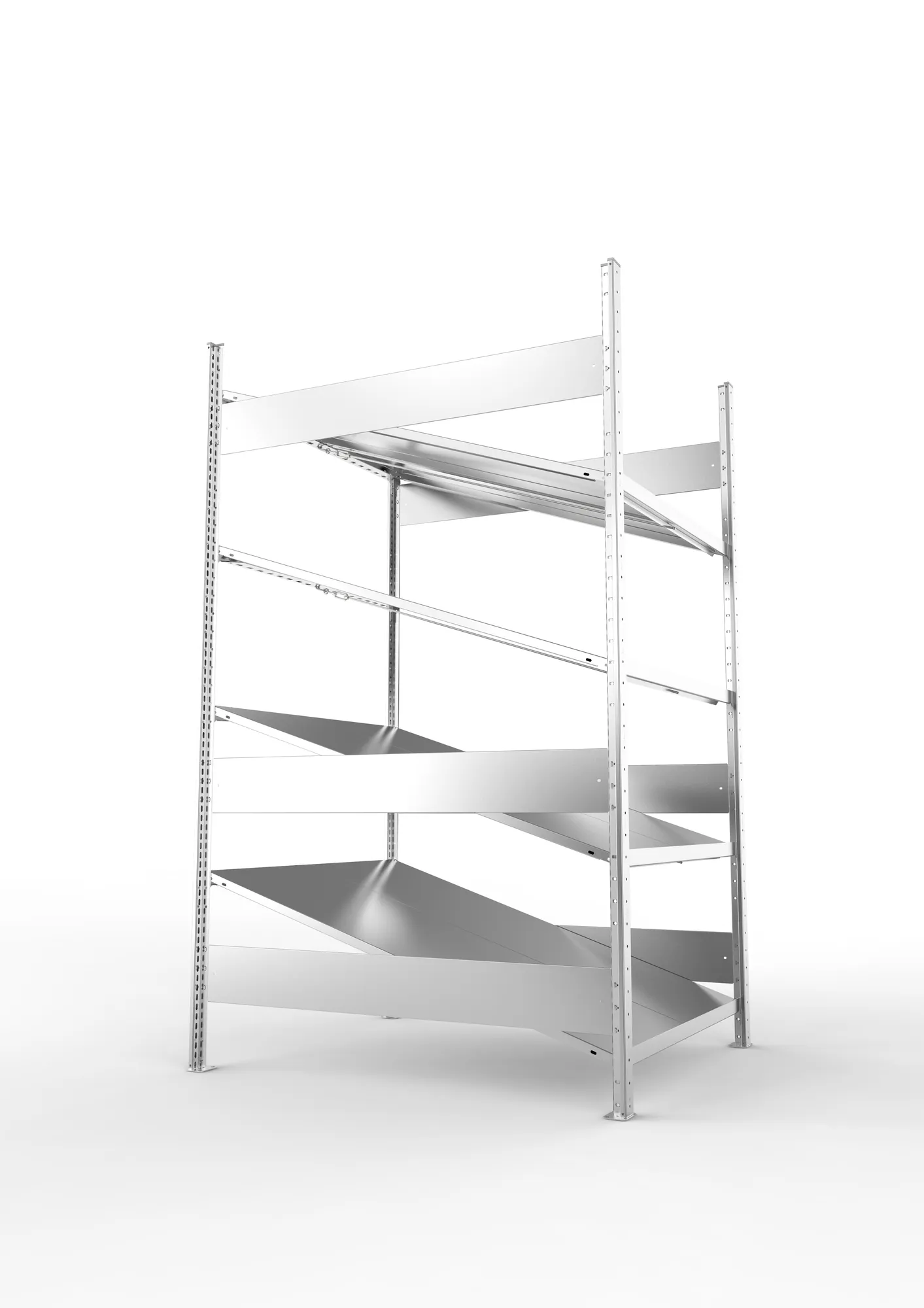 META CLIP S3, Schrägbodenregal, Grundregal, 2000 x 1300 x 1228 mm, Fachlast 80 kg, 4 Ebenen, verzinkt – Seitenansicht
