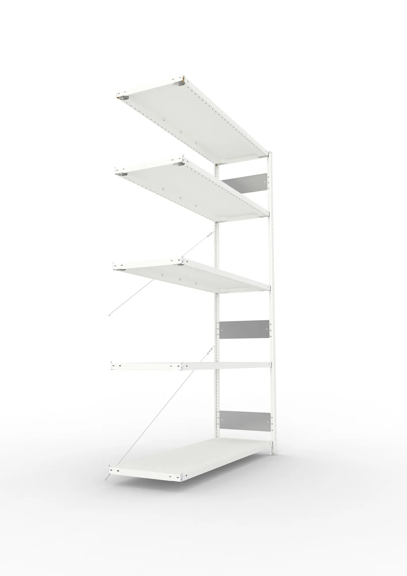 META CLIP S3, Fachbodenregal, Anbauregal, 2500 x 1500 x 500 mm, Fachlast 200 kg, 4 Ebenen, RAL 7035 – Seitenansicht