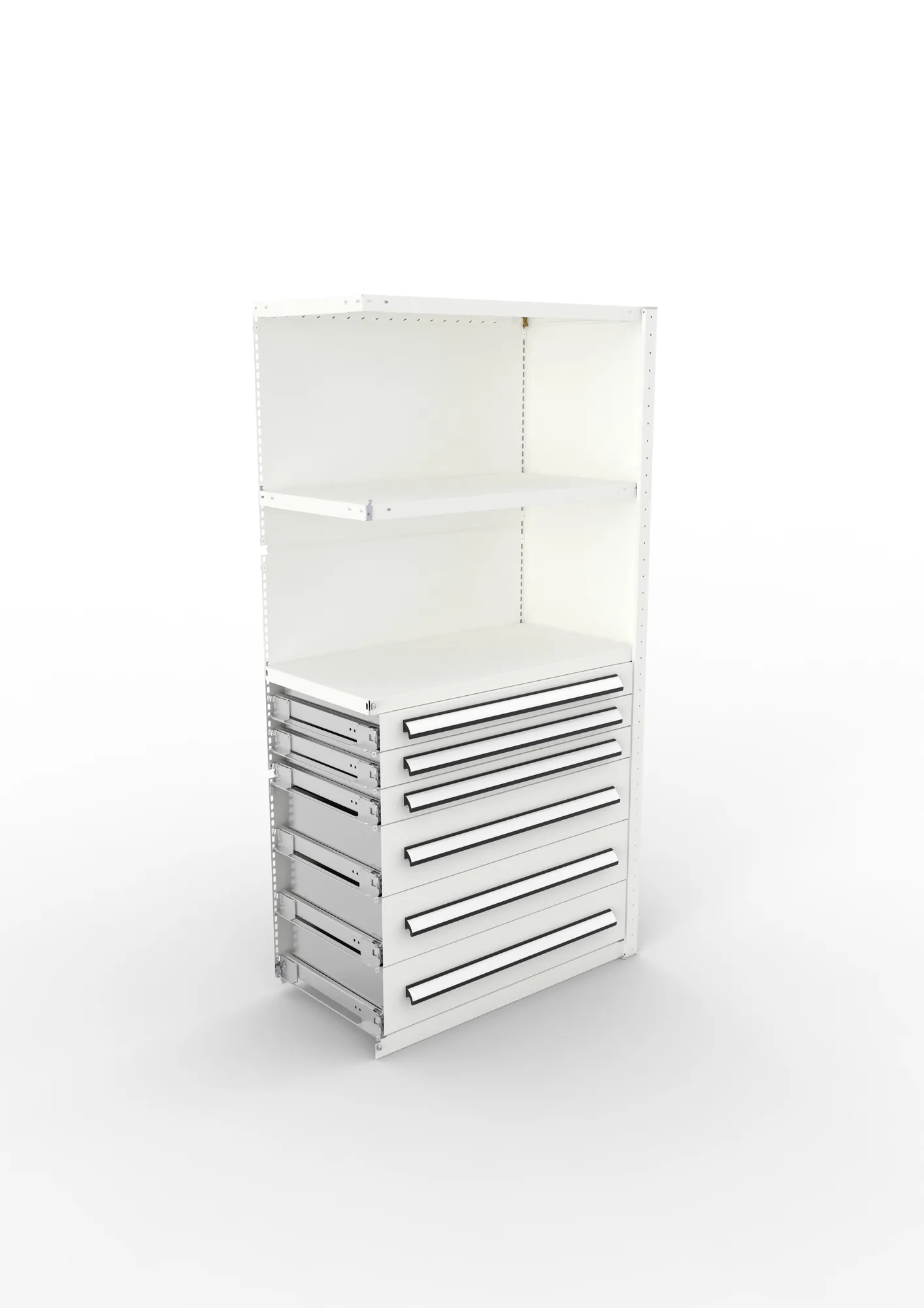 META CLIP, Schrankmodul, Anbauregal, Variante 4, 2000 x 1000 x 500 mm, Schubladen untere Hälfte, RAL 7035 – Ansicht von oben