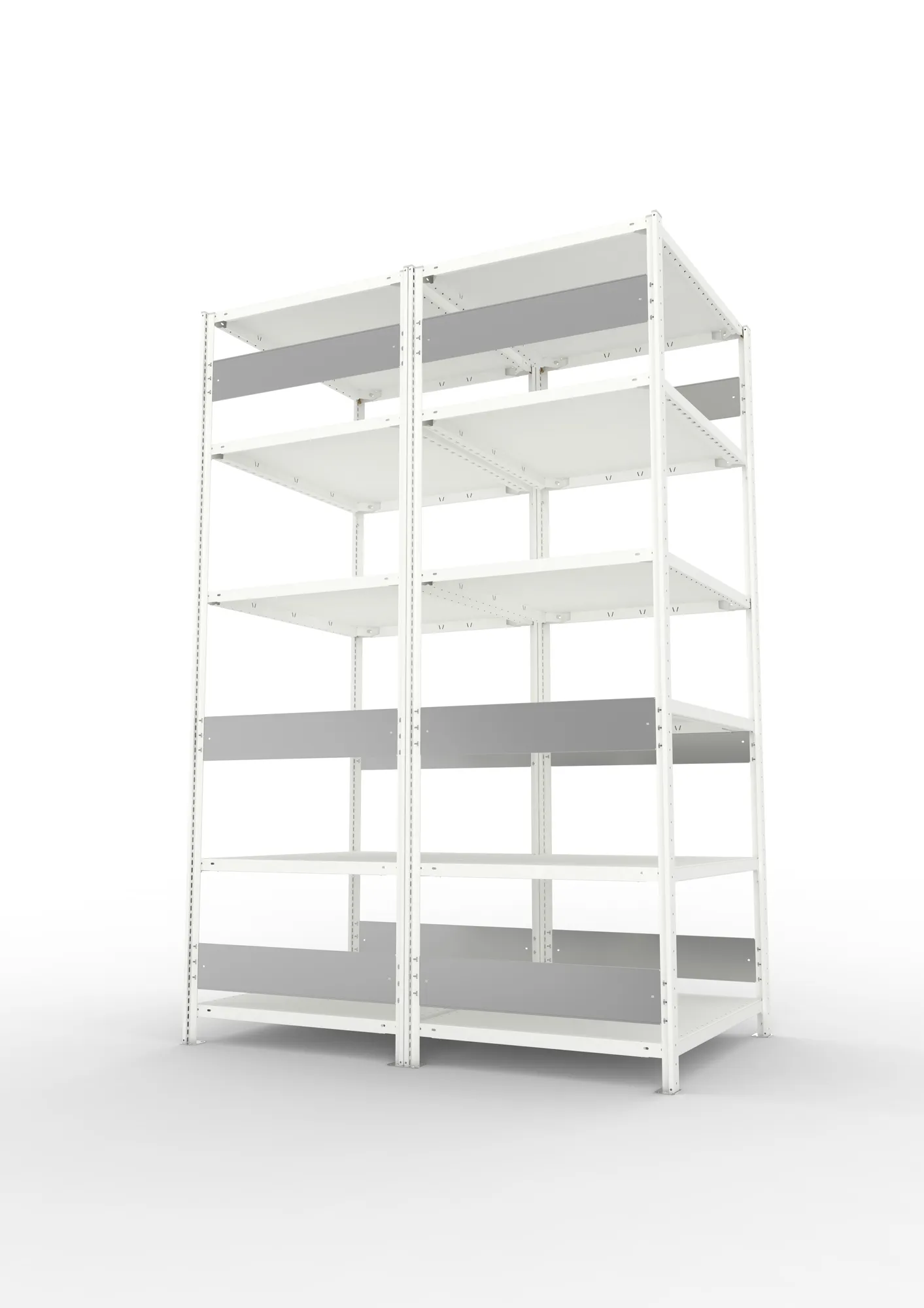 META CLIP S3, Fachbodenregal, Doppel-Grundregal, 2500 x 1000 x 800 mm, Fachlast 230 kg, 6 Ebenen, Längsriegel, RAL 7035 – Seitenansicht