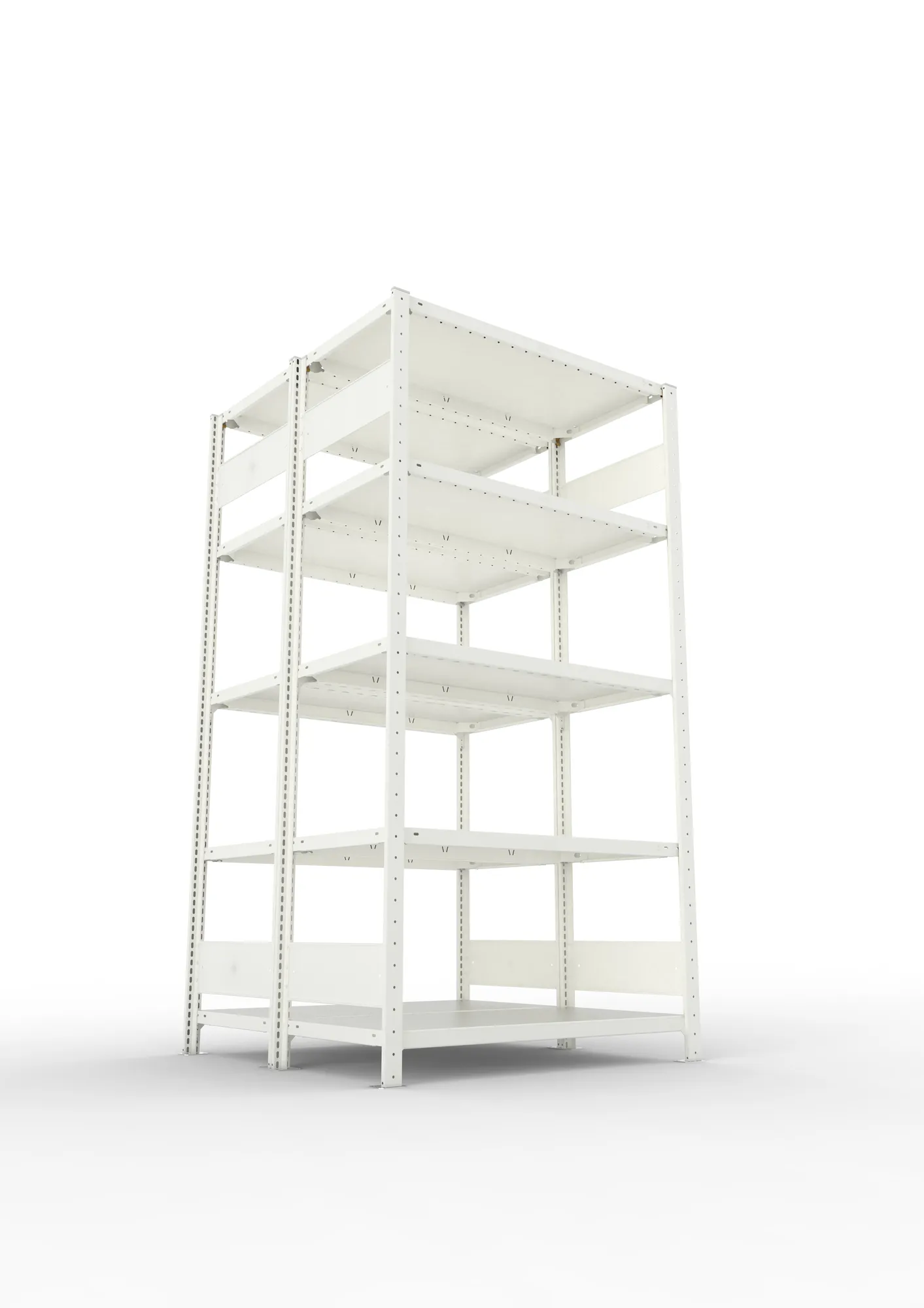 META CLIP S3, Fachbodenregal, Doppel-Grundregal, 2000 x 1000 x 500 mm, Fachlast 150 kg, 5 Ebenen, Längsriegel, RAL 7035 – Ansicht von unten