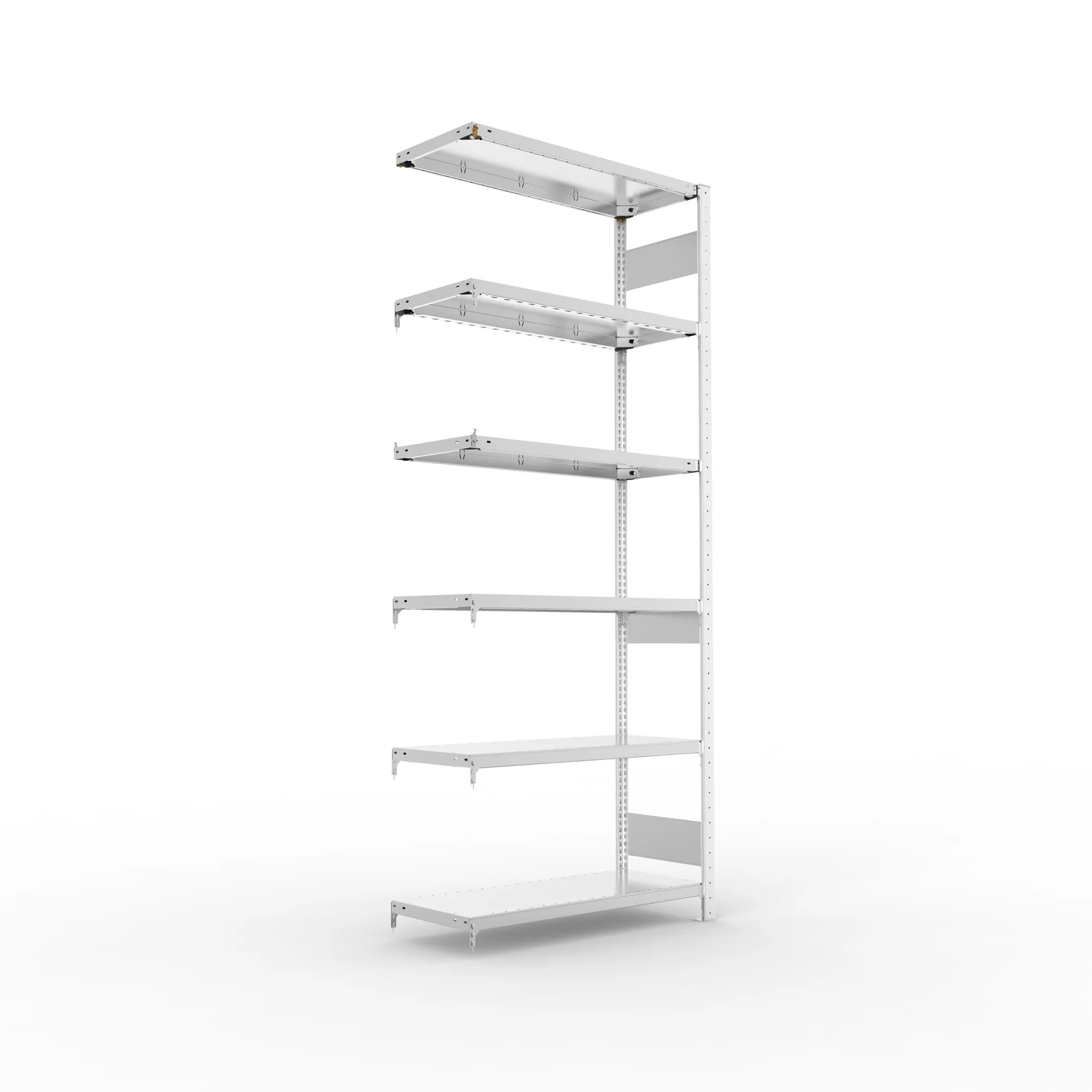 META CLIP S3, Fachbodenregal, Anbauregal, 2500 x 1000 x 400 mm, Fachlast 230 kg, 6 Ebenen, Längsriegel, verzinkt – Ansicht in Blickhöhe