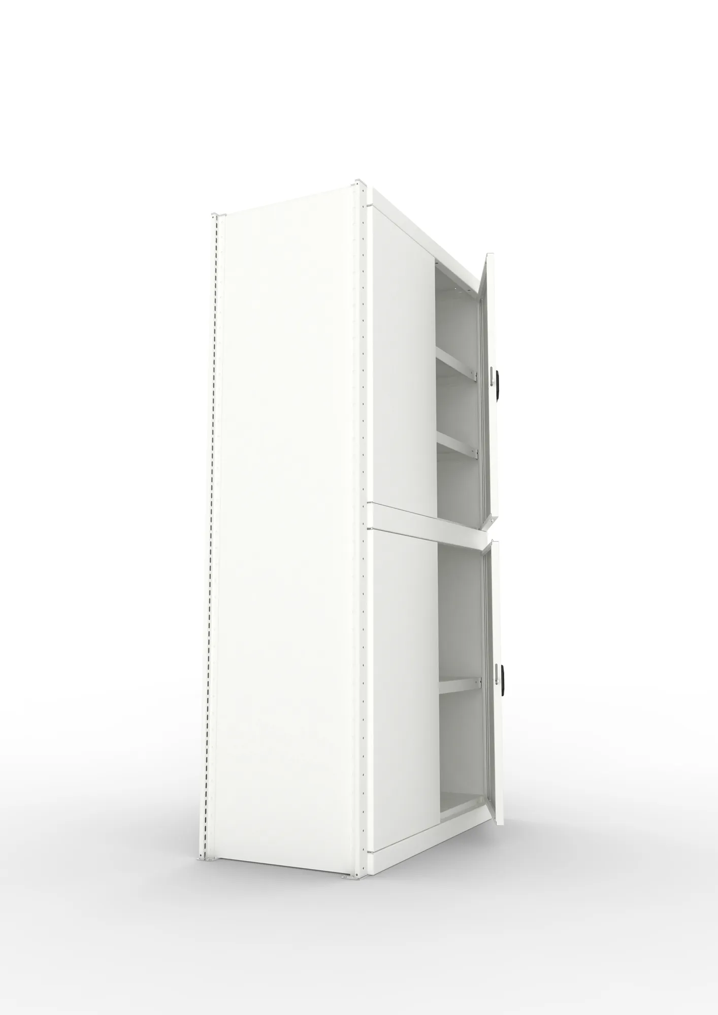 META CLIP, Schrankmodul, Grundregal, Variante 2, 2000 x 1000 x 500 mm, mit zwei Flügeltüren, RAL 7035 – Seitenansicht