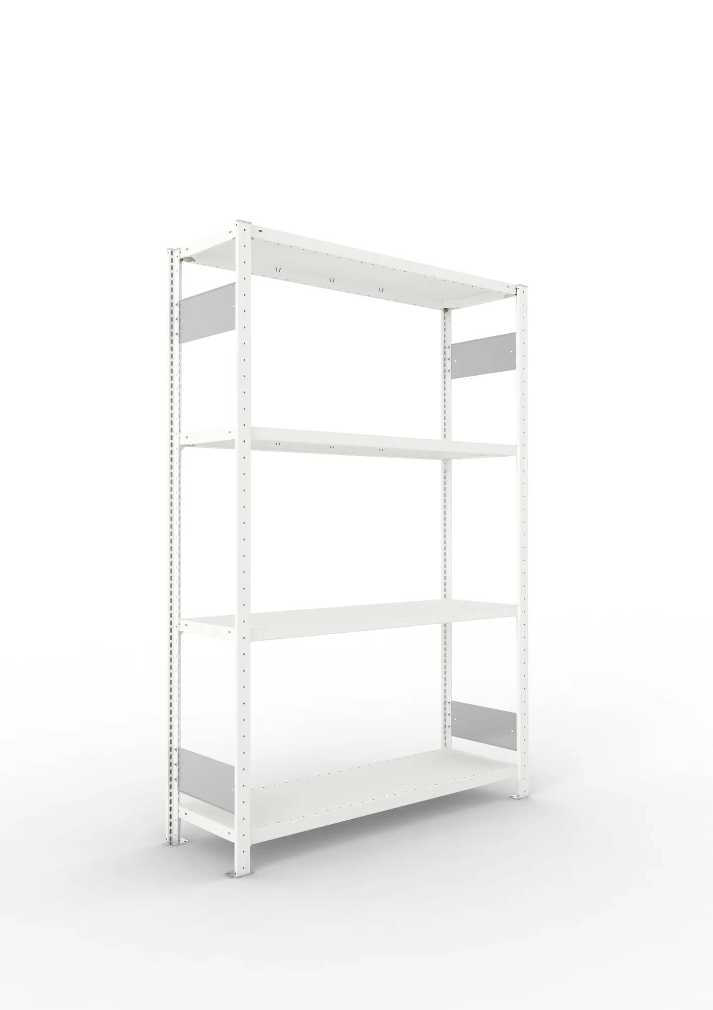 META CLIP S3, Fachbodenregal, Grundregal, 2000 x 1300 x 400 mm, Fachlast 230 kg, 4 Ebenen, Längsriegel, RAL 7035 – Ansicht in Blickhöhe
