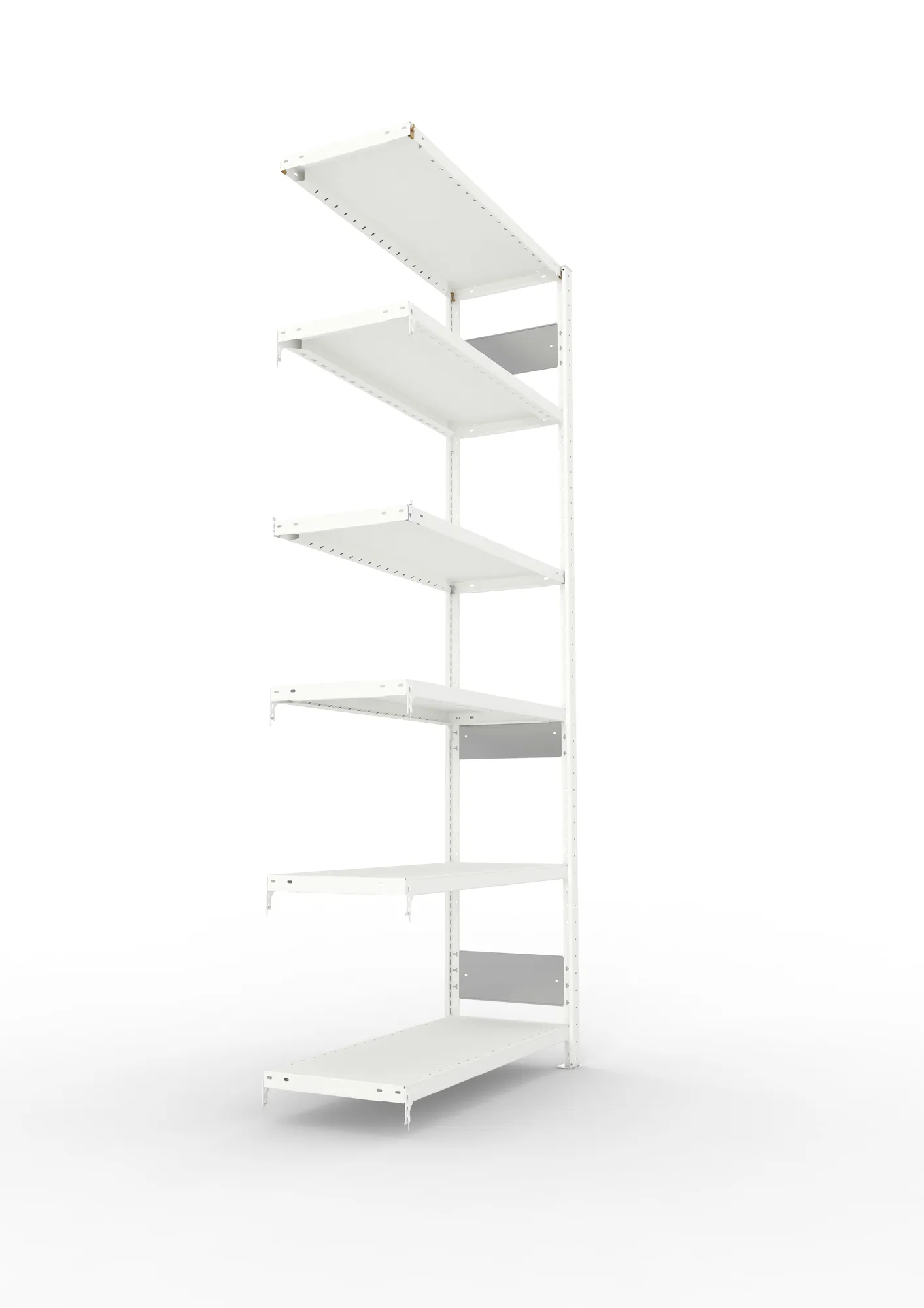 META CLIP S3, Fachbodenregal, Anbauregal, 2500 x 1000 x 400 mm, Fachlast 230 kg, 6 Ebenen, Längsriegel, RAL 7035 – Seitenansicht