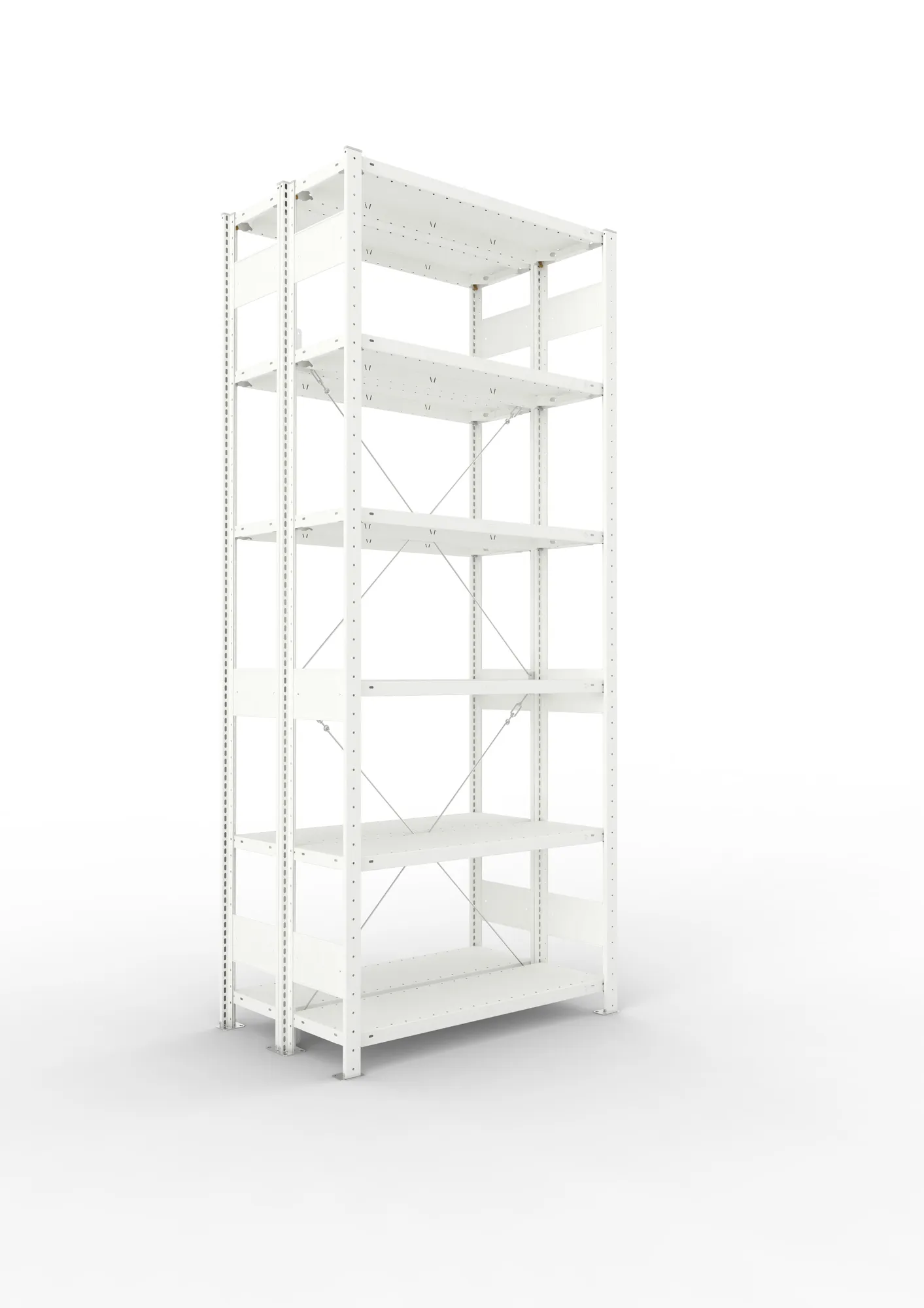 META CLIP, Fachbodenregal, Doppel-Grundregal, 2500 x 1000 x 300 mm, Fachlast 150 kg, 6 Ebenen, RAL 7035 – Ansicht in Blickhöhe