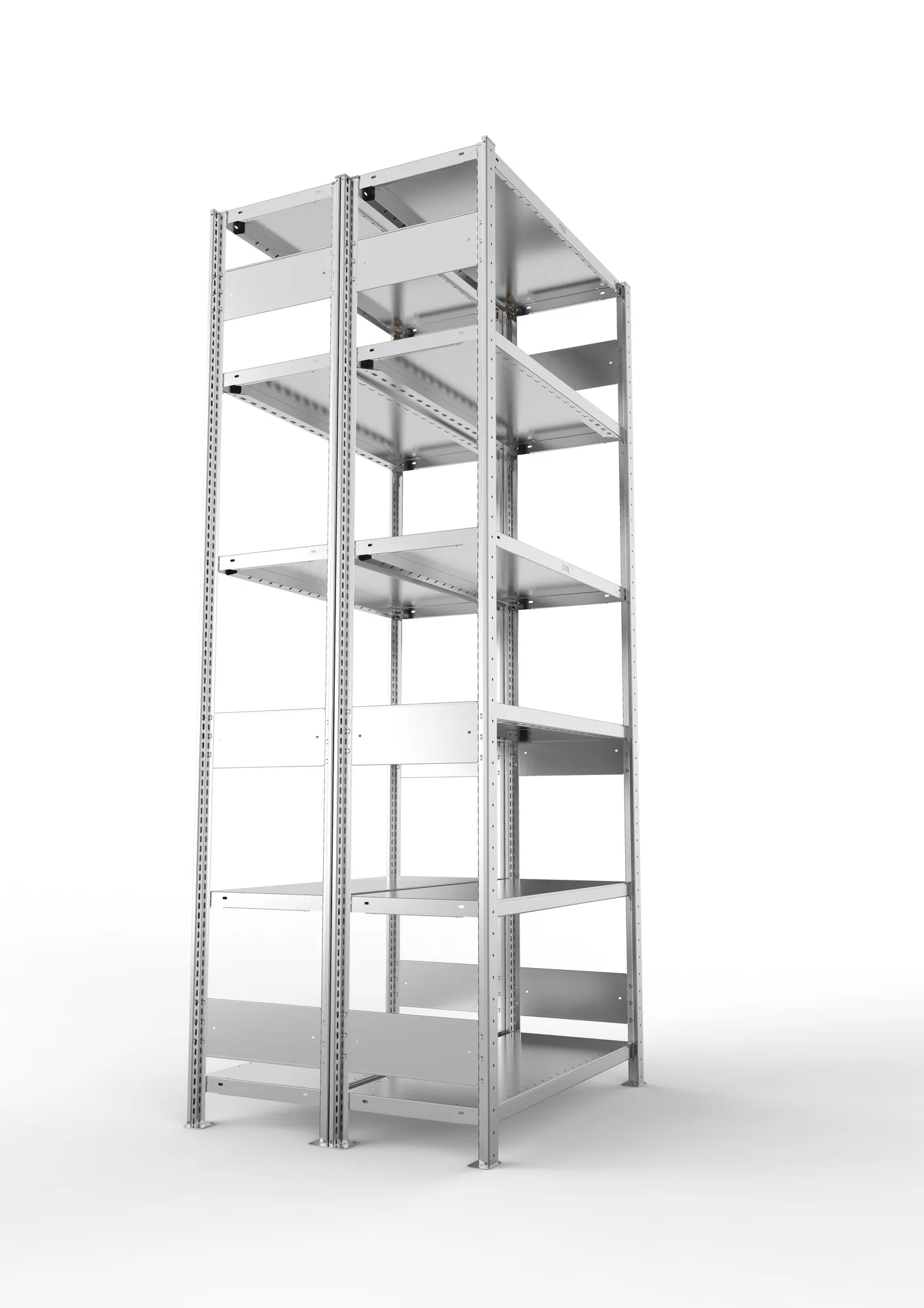 META CLIP S3, Fachbodenregal, Doppel-Grundregal, 2500 x 1000 x 400 mm, Fachlast 230 kg, 6 Ebenen, Längsriegel, verzinkt – Seitenansicht