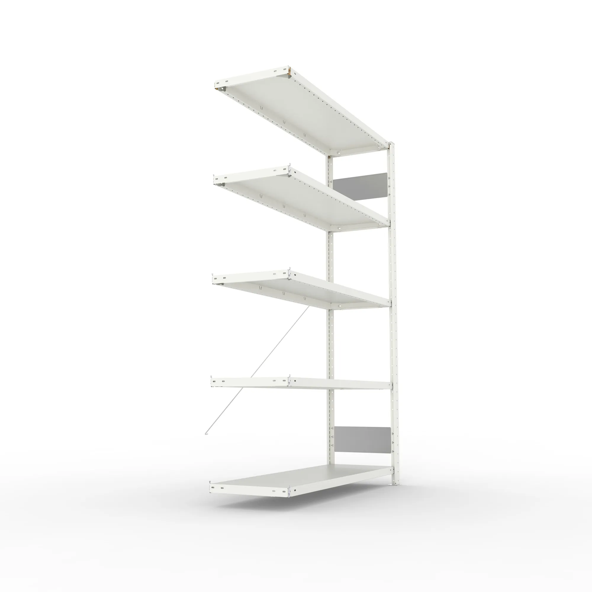 META CLIP S3, Fachbodenregal, Anbauregal, 2000 x 1300 x 400 mm, Fachlast 150 kg, 5 Ebenen, RAL 7035 – Seitenansicht