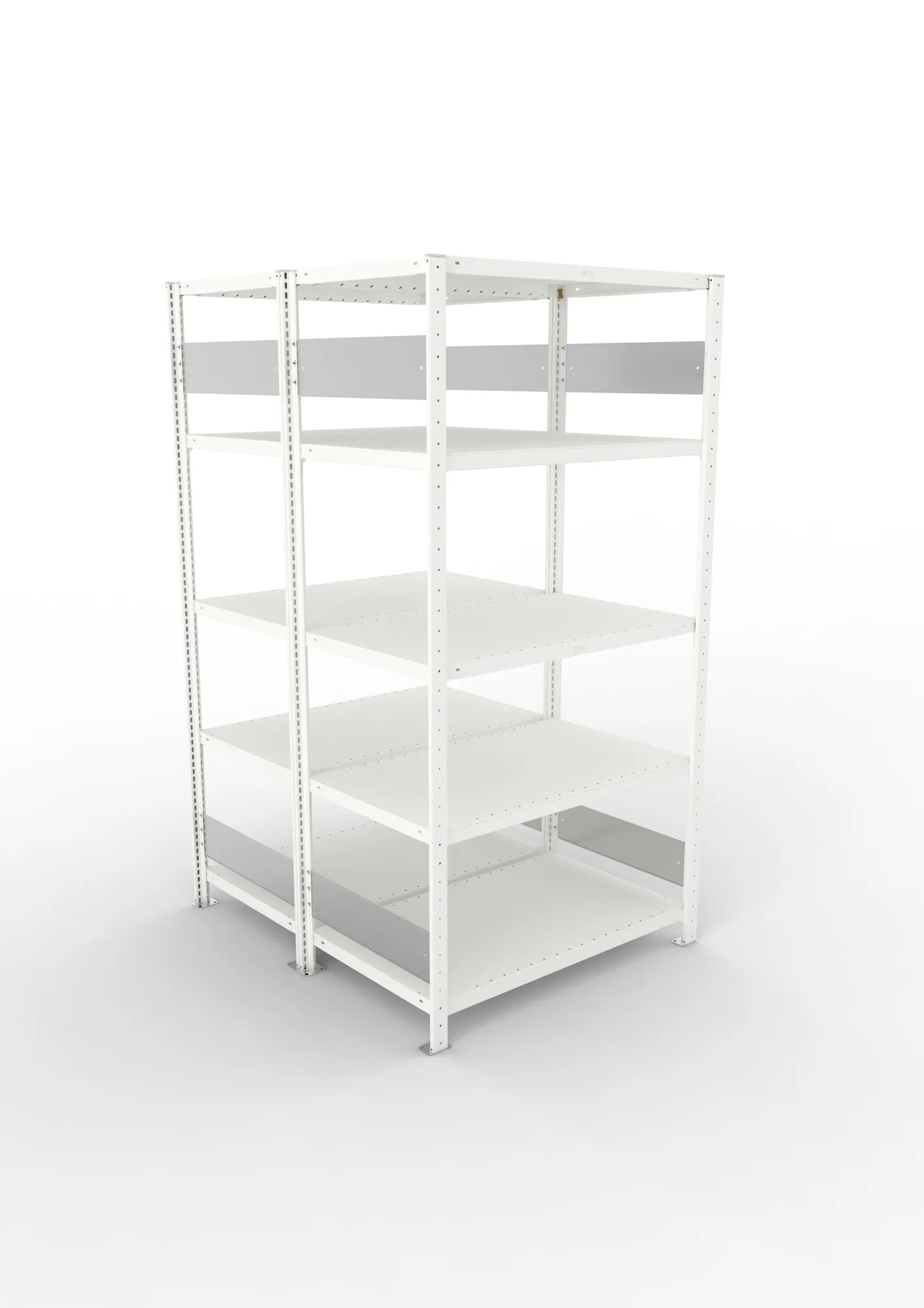META CLIP S3, Fachbodenregal, Doppel-Grundregal, 2000 x 1000 x 600 mm, Fachlast 230 kg, 5 Ebenen, Längsriegel, RAL 7035 – Ansicht von oben