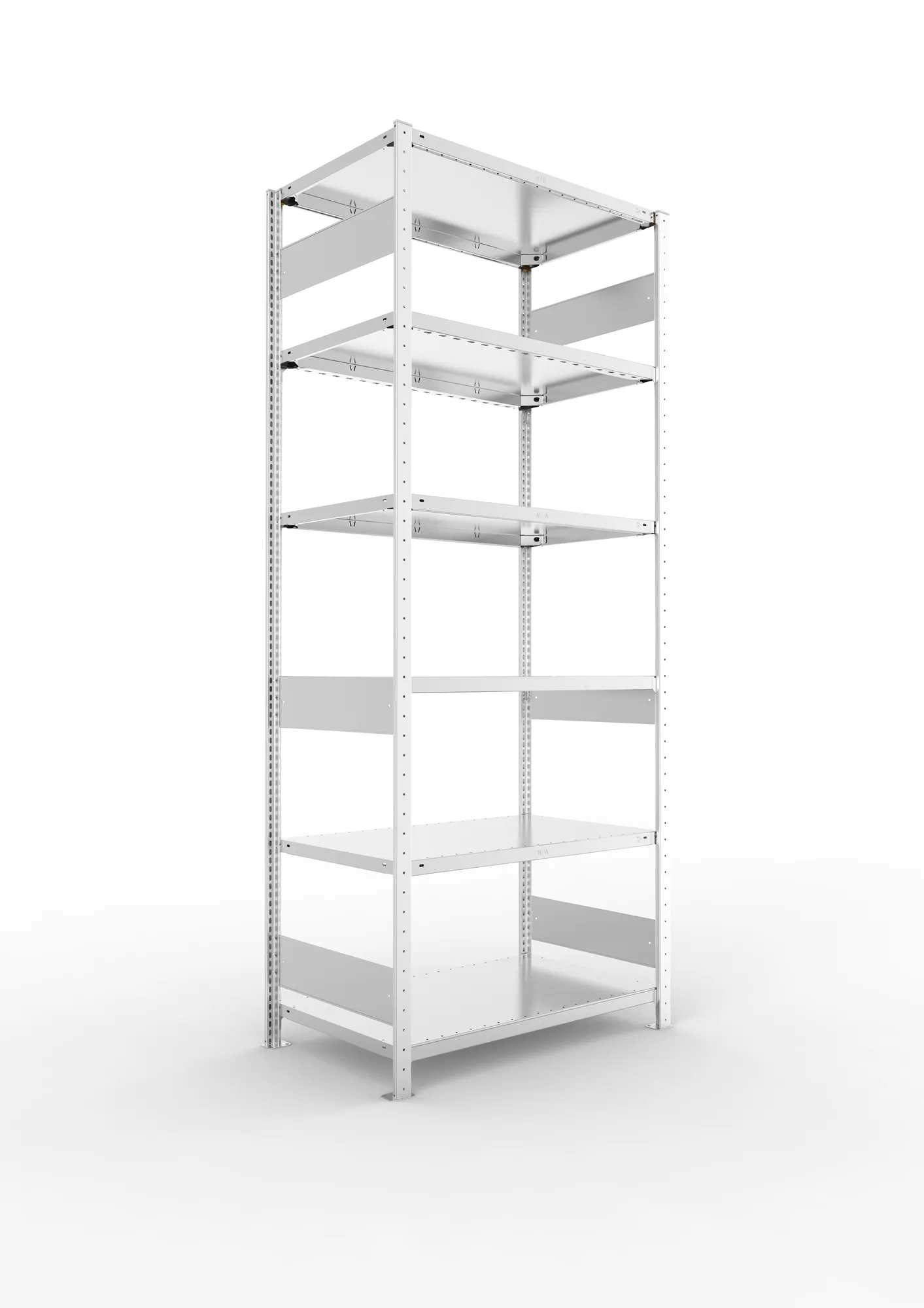 META CLIP S3, Fachbodenregal, Grundregal, 2500 x 1000 x 600 mm, Fachlast 150 kg, 6 Ebenen, Längsriegel, verzinkt – Ansicht in Blickhöhe