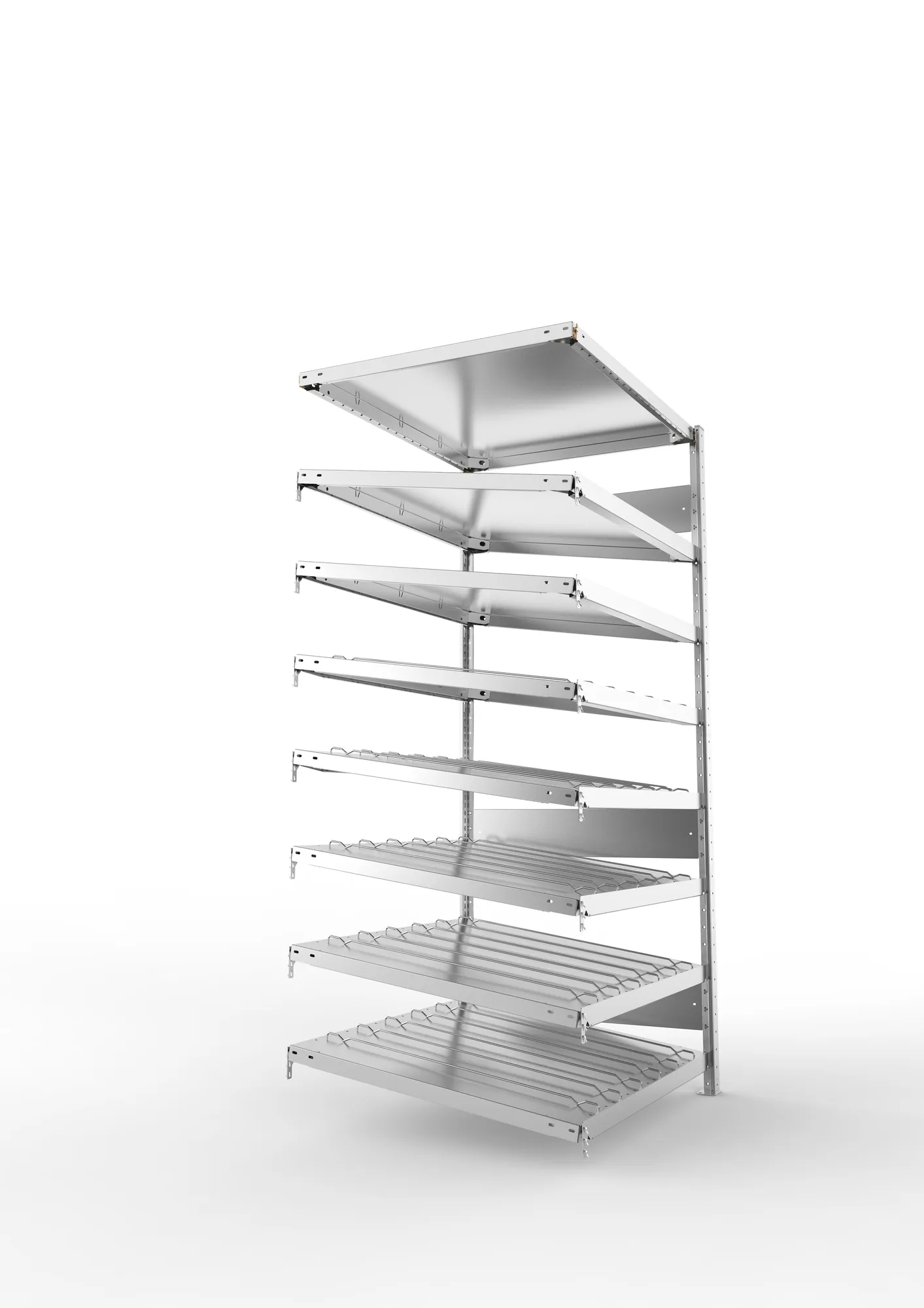 META CLIP S3, Schrägbodenregal, Anbauregal, 2000 x 1000 x 800 mm, Fachlast 230 kg, 8 Ebenen, verzinkt – Seitenansicht