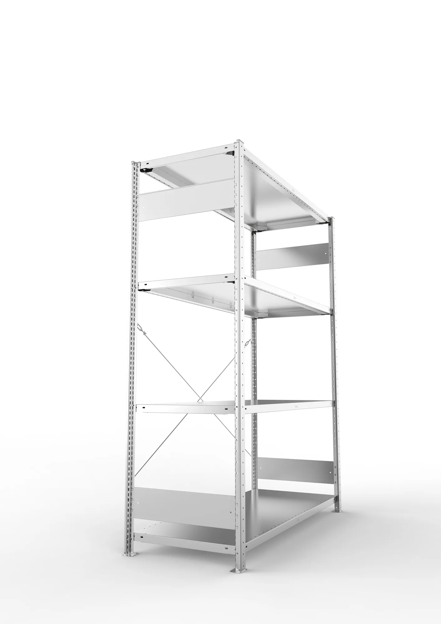 META CLIP S3, Fachbodenregal, Grundregal, 2000 x 1500 x 600 mm, Fachlast 200 kg, 4 Ebenen, verzinkt – Seitenansicht
