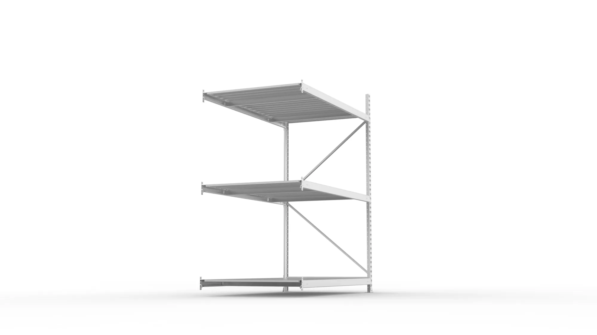META MINI-RACK, Weitspannregal, Anbauregal, 2200 x 1800 x 1050 mm, Fachlast 600 kg, Stahlpaneelböden, 3 Ebenen – Seitenansicht