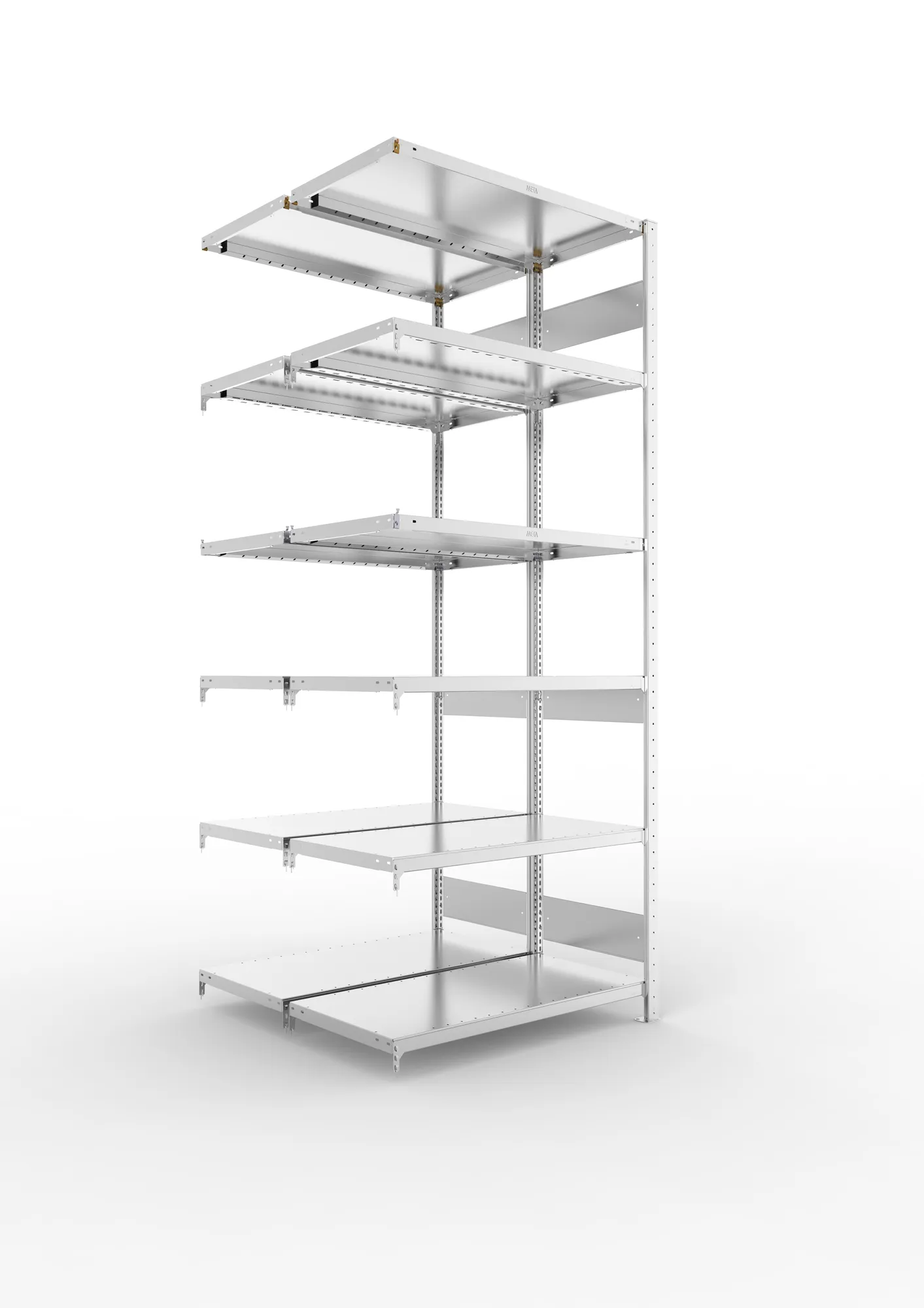 META CLIP S3, Fachbodenregal, Doppel-Anbauregal, 2500 x 1000 x 500 mm, Fachlast 230 kg, 6 Ebenen, Längsriegel, verzinkt – Ansicht in Blickhöhe