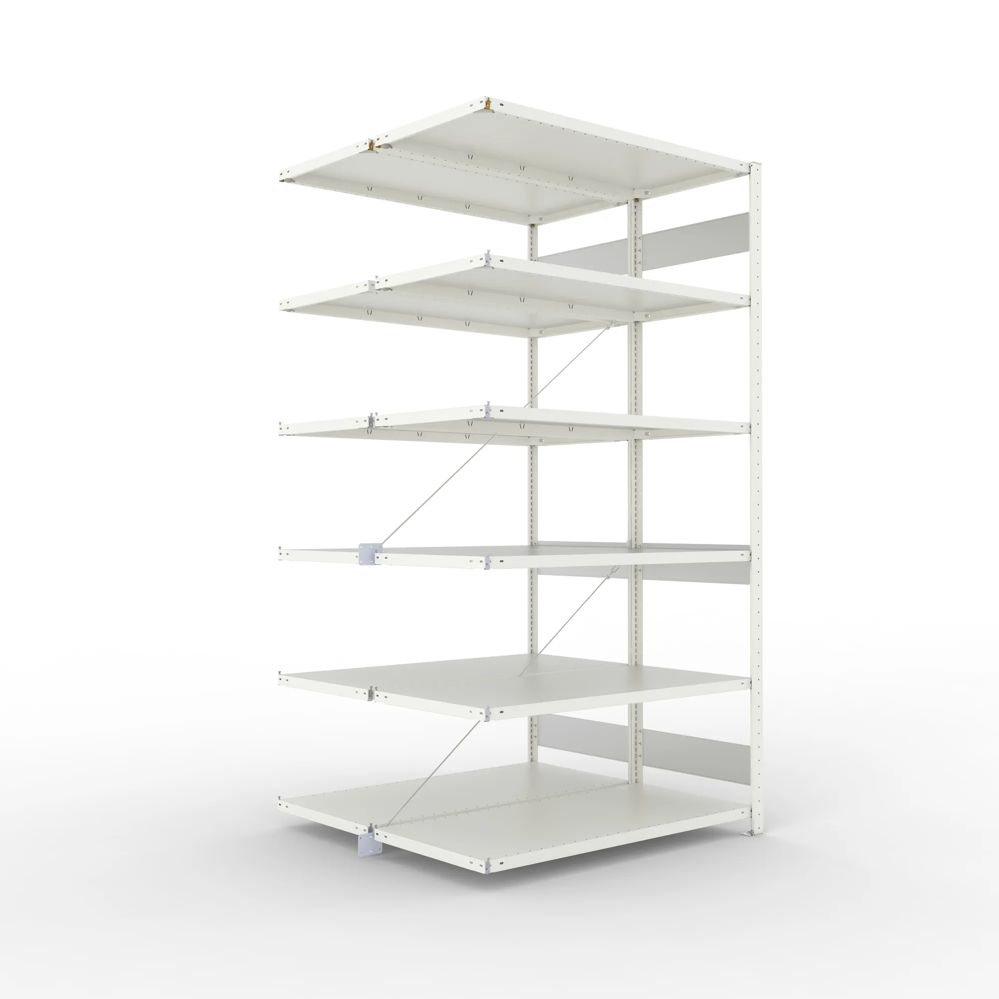META CLIP S3, Fachbodenregal, Doppel-Anbauregal, 2500 x 1300 x 600 mm, Fachlast 150 kg, 6 Ebenen, RAL 7035 – Ansicht in Blickhöhe