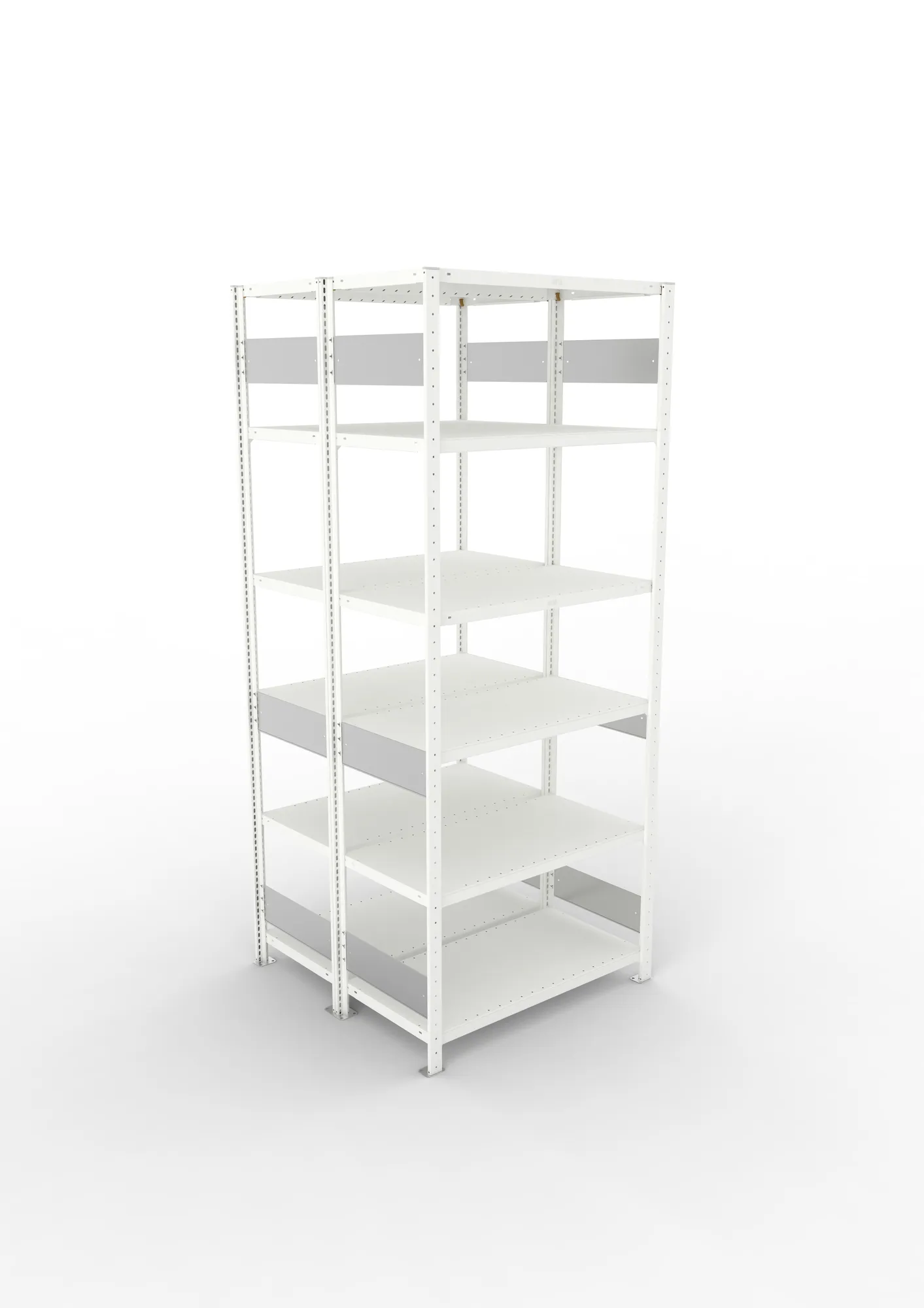 META CLIP S3, Fachbodenregal, Doppel-Grundregal, 2500 x 1000 x 500 mm, Fachlast 230 kg, 6 Ebenen, Längsriegel, RAL 7035 – Ansicht von oben