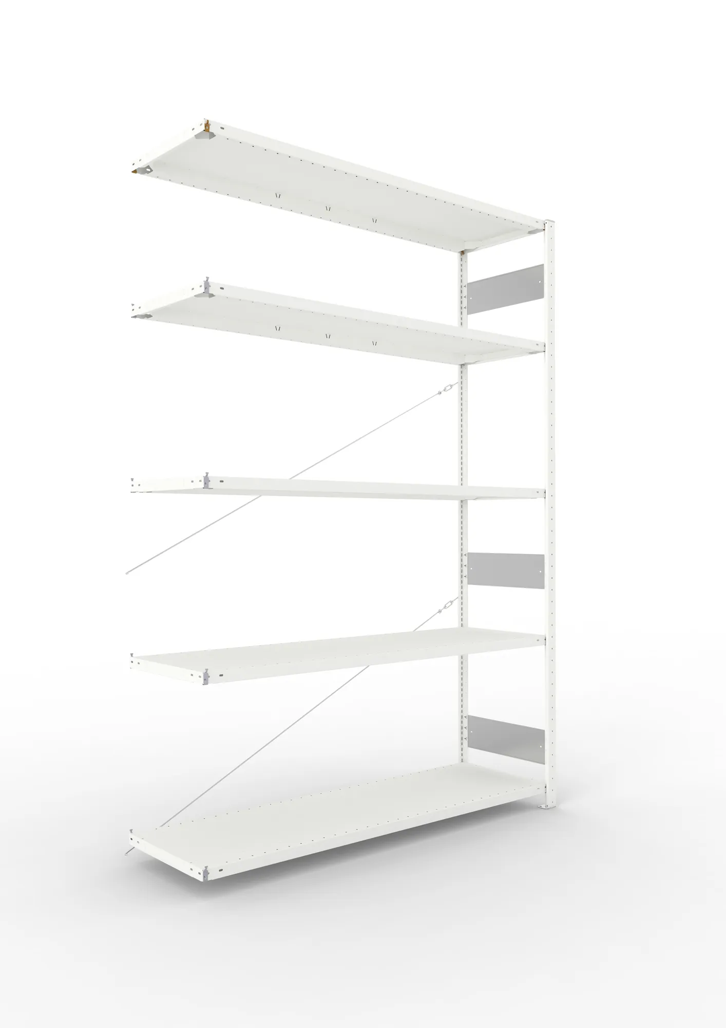 META CLIP S3, Fachbodenregal, Anbauregal, 2500 x 1700 x 500 mm, Fachlast 200 kg, 4 Ebenen, RAL 7035 – Ansicht in Blickhöhe