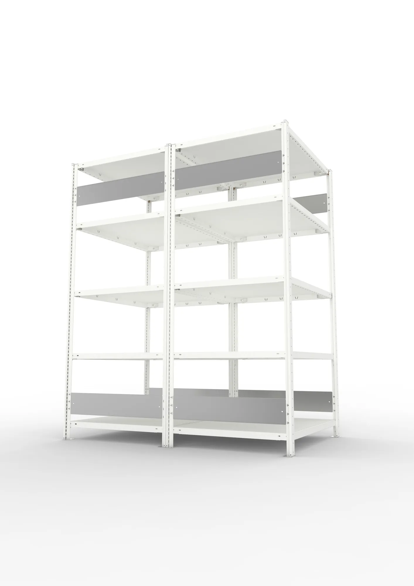 META CLIP S3, Fachbodenregal, Doppel-Grundregal, 2000 x 1000 x 800 mm, Fachlast 230 kg, 5 Ebenen, Längsriegel, RAL 7035 – Seitenansicht